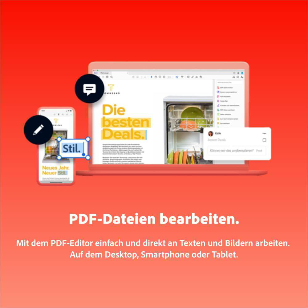 Ein Laptop und Smartphone zeigen eine PDF-Bearbeitungssoftware mit Texten und Bildern.