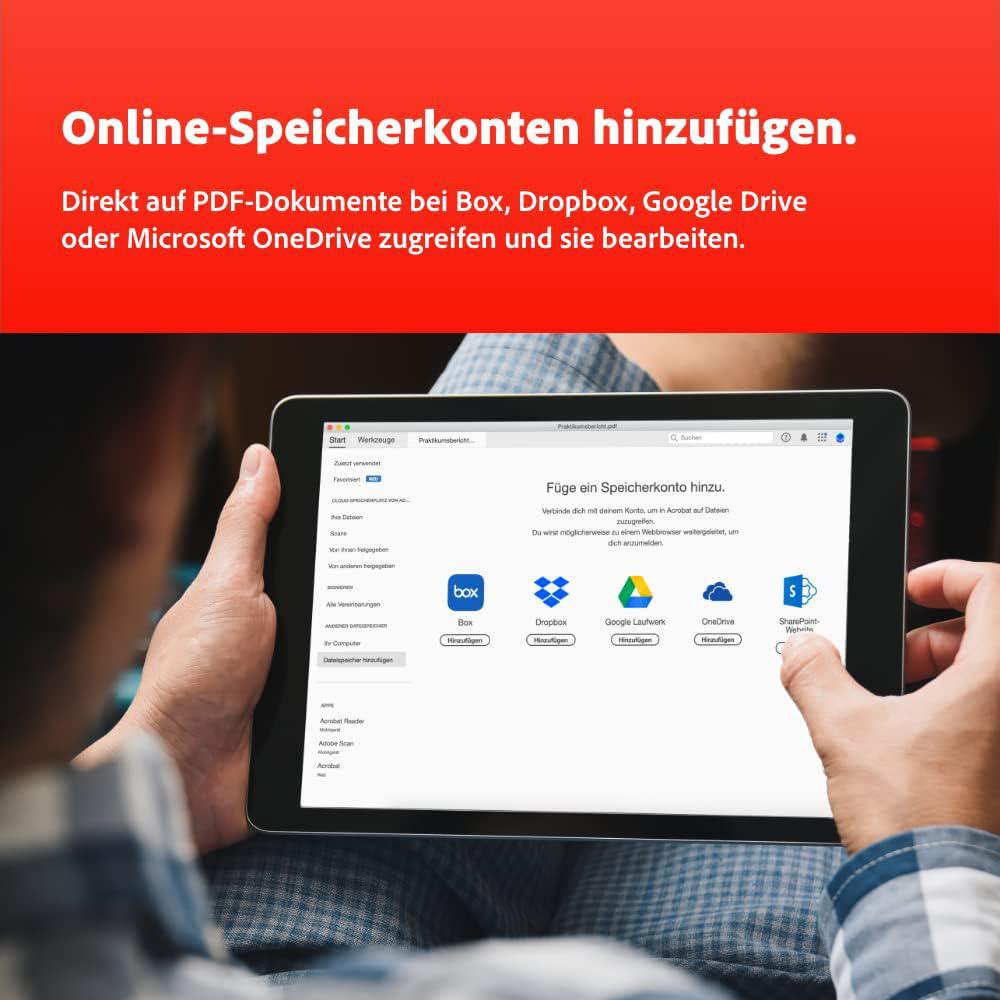 Eine Person hält ein Tablet, das die Adobe-Oberfläche zum Hinzufügen von Cloud-Speichern zeigt.