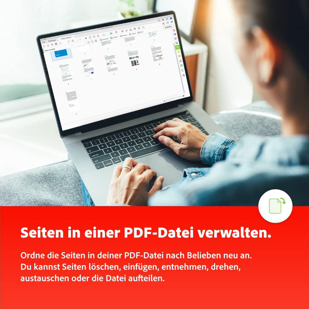 Person bearbeitet PDF-Seiten auf einem Laptop. Text erklärt PDF-Verwaltung.