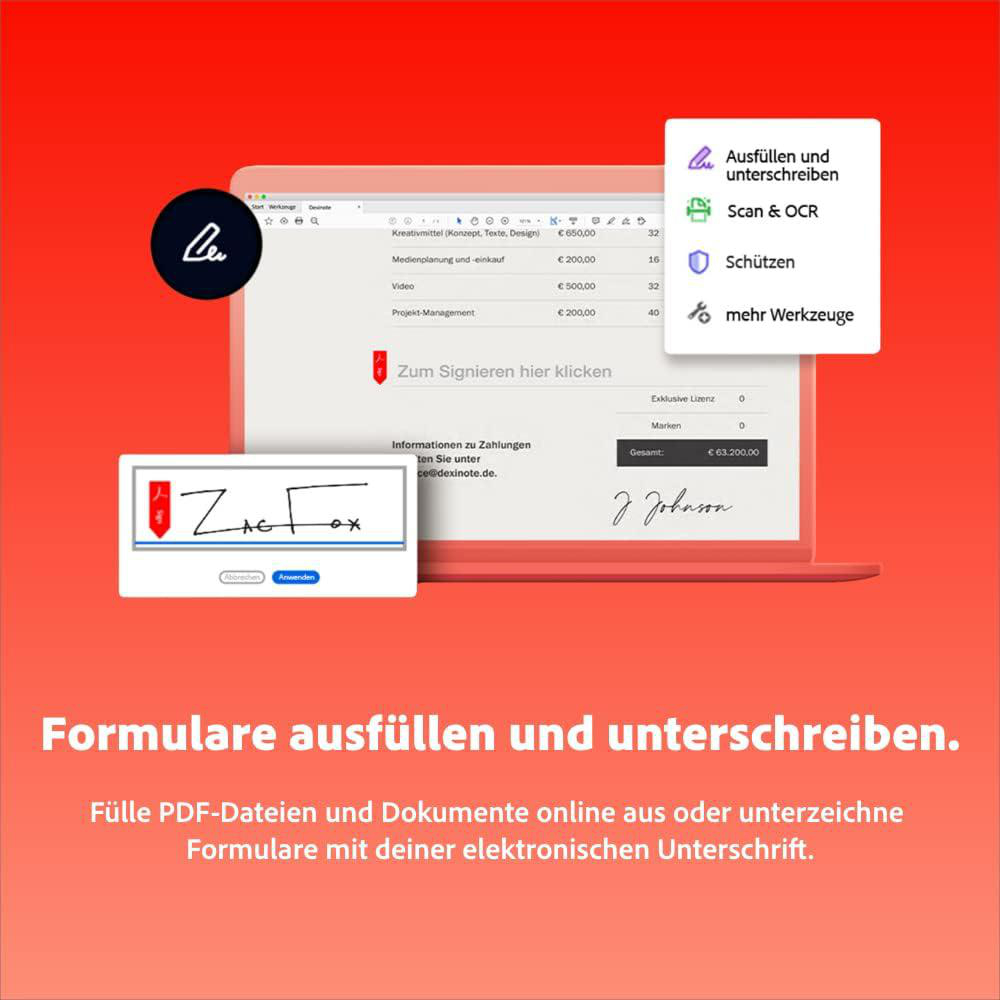 Laptop zeigt Formulare zum Ausfüllen und Unterschreiben mit digitaler Signatur.