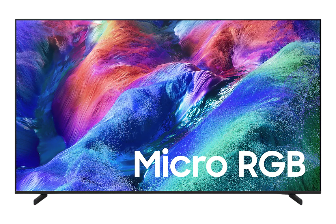 Modern bir TV, "Micro RGB" yazısıyla canlı, soyut renkler sergiliyor.