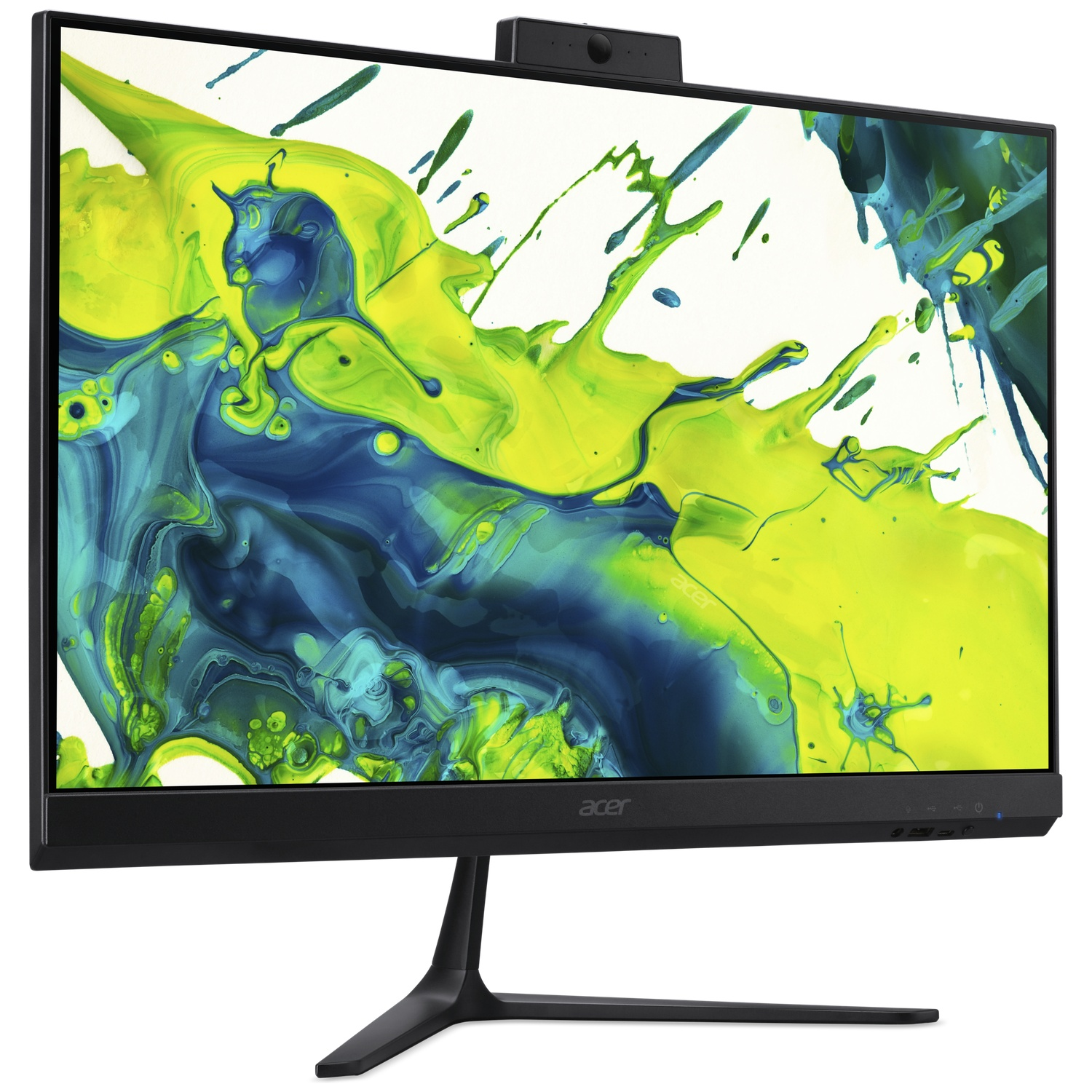 A black all-in-one computer displaying a dynamic, splashing color background.