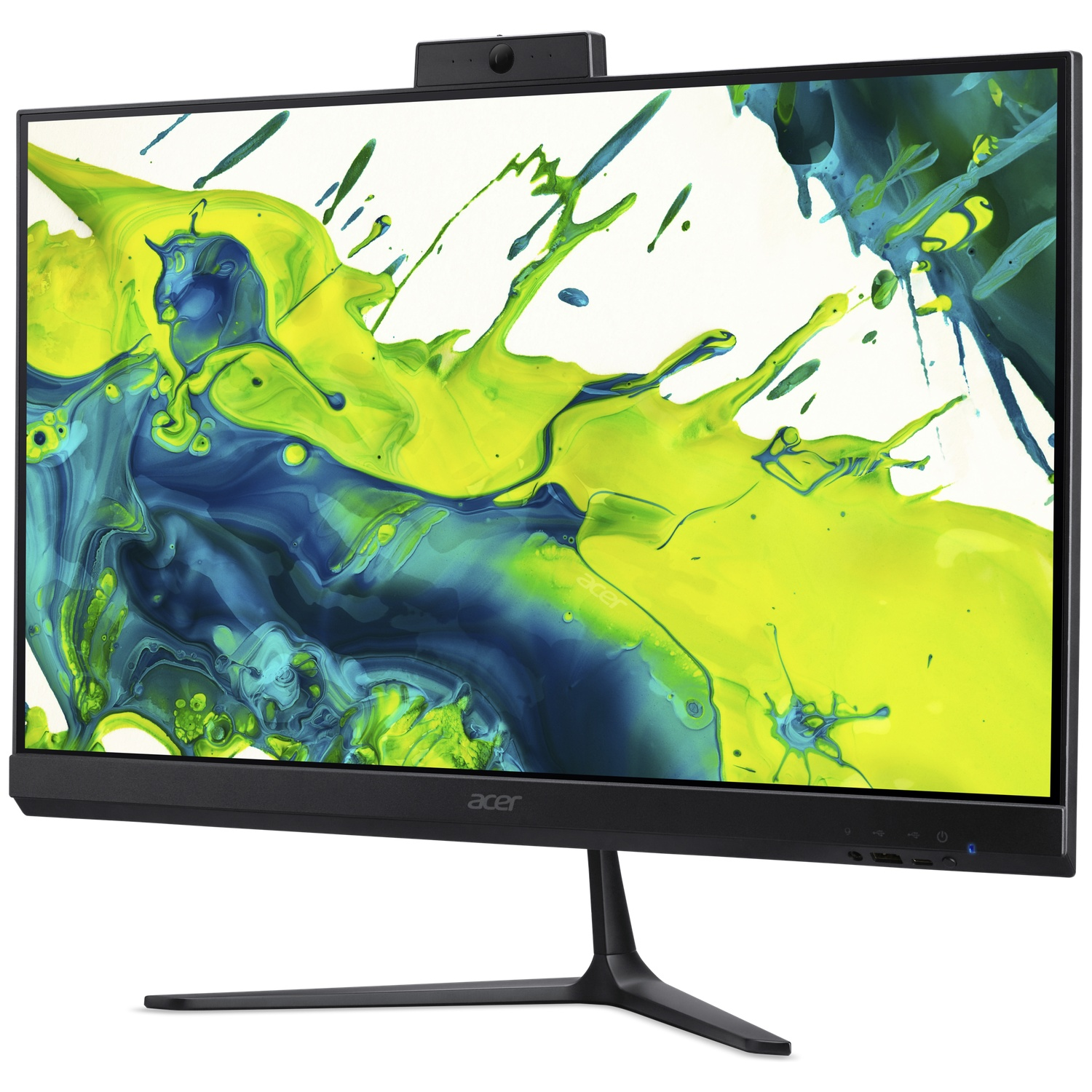 A black Acer all-in-one computer displays a colorful abstract wallpaper.