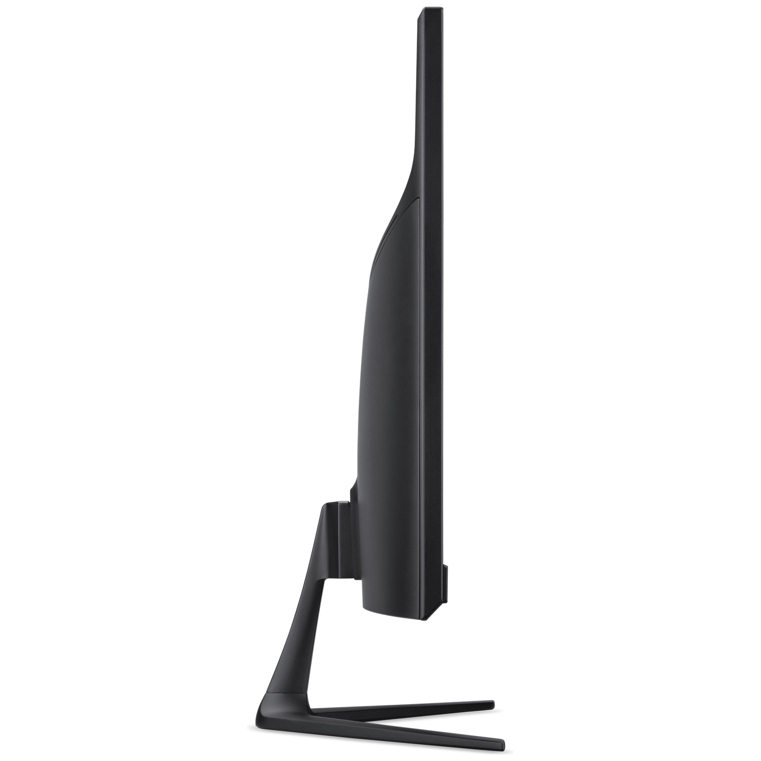 Black computer monitor in side profile on a white background.