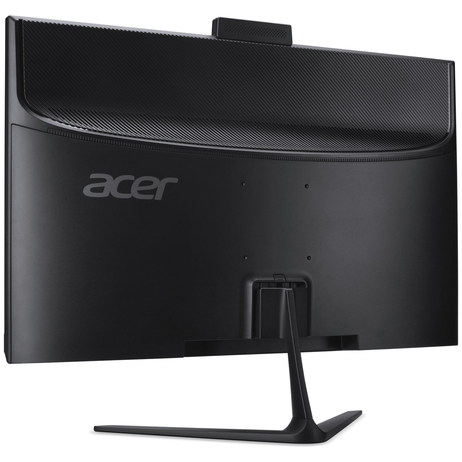 Rear view of a black Acer monitor with integrated camera and sleek stand.