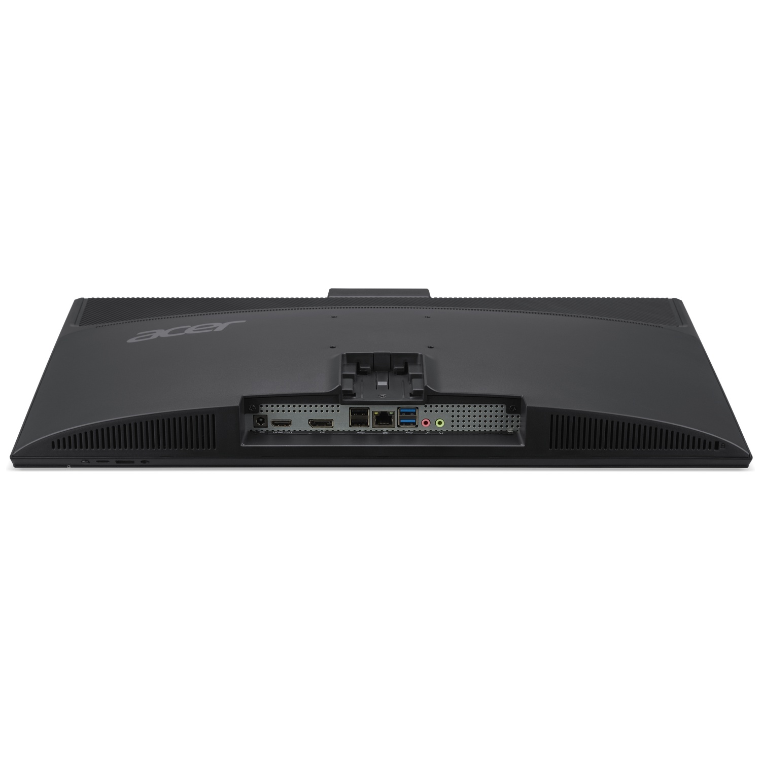 Back of a black monitor showing ports: HDMI, USB, Audio, Ethernet.