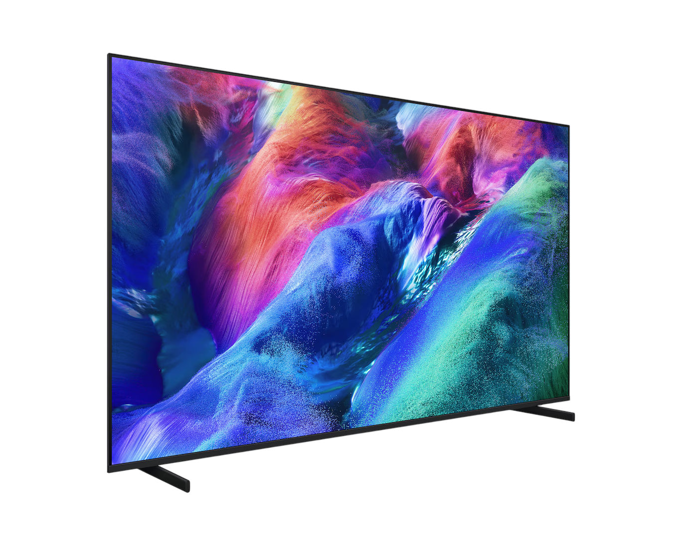 Mavi, pembe ve yeşil tonlarında canlı, soyut bir görüntü gösteren modern bir TV.