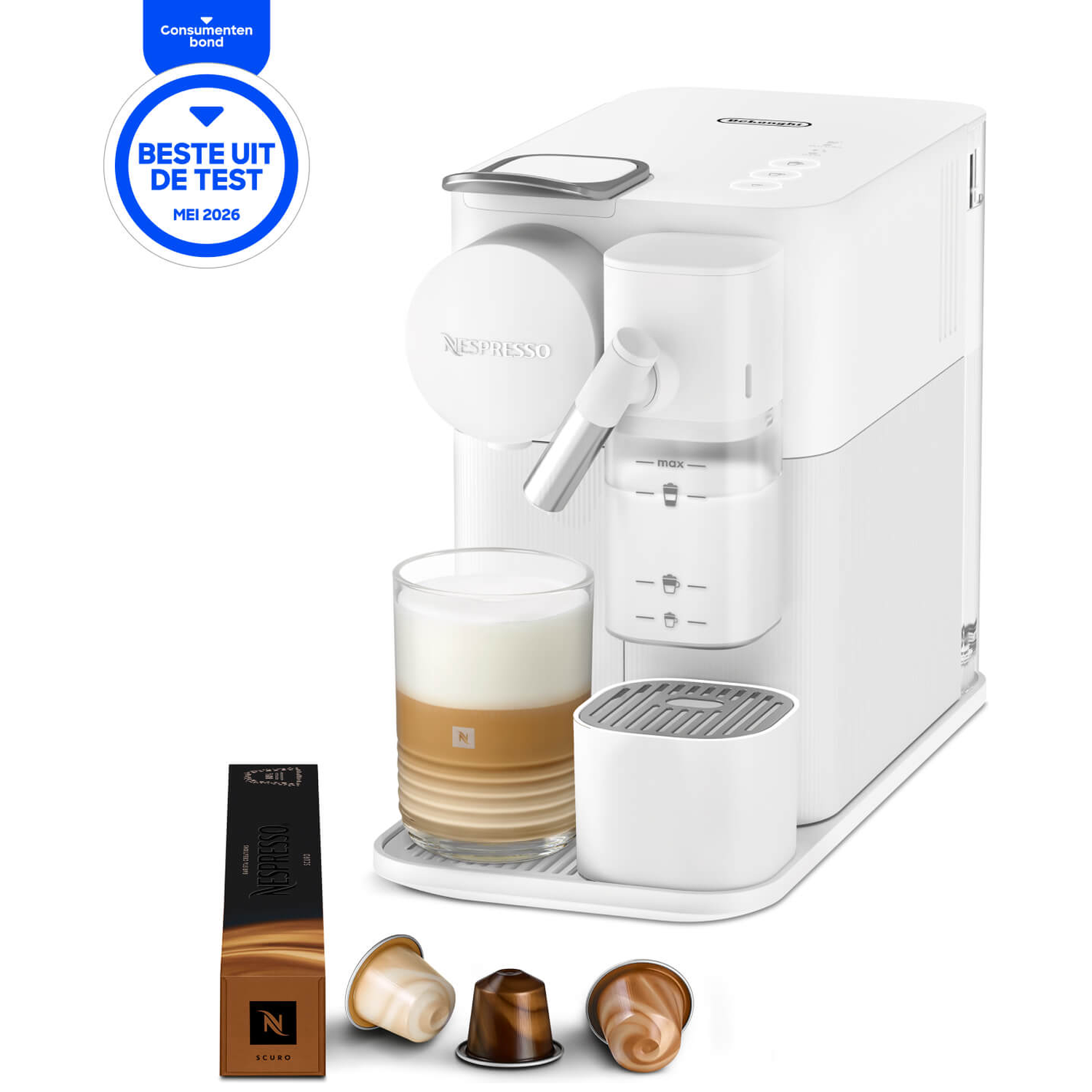 Witte Nespresso machine met glas melkschuim, cups en award.