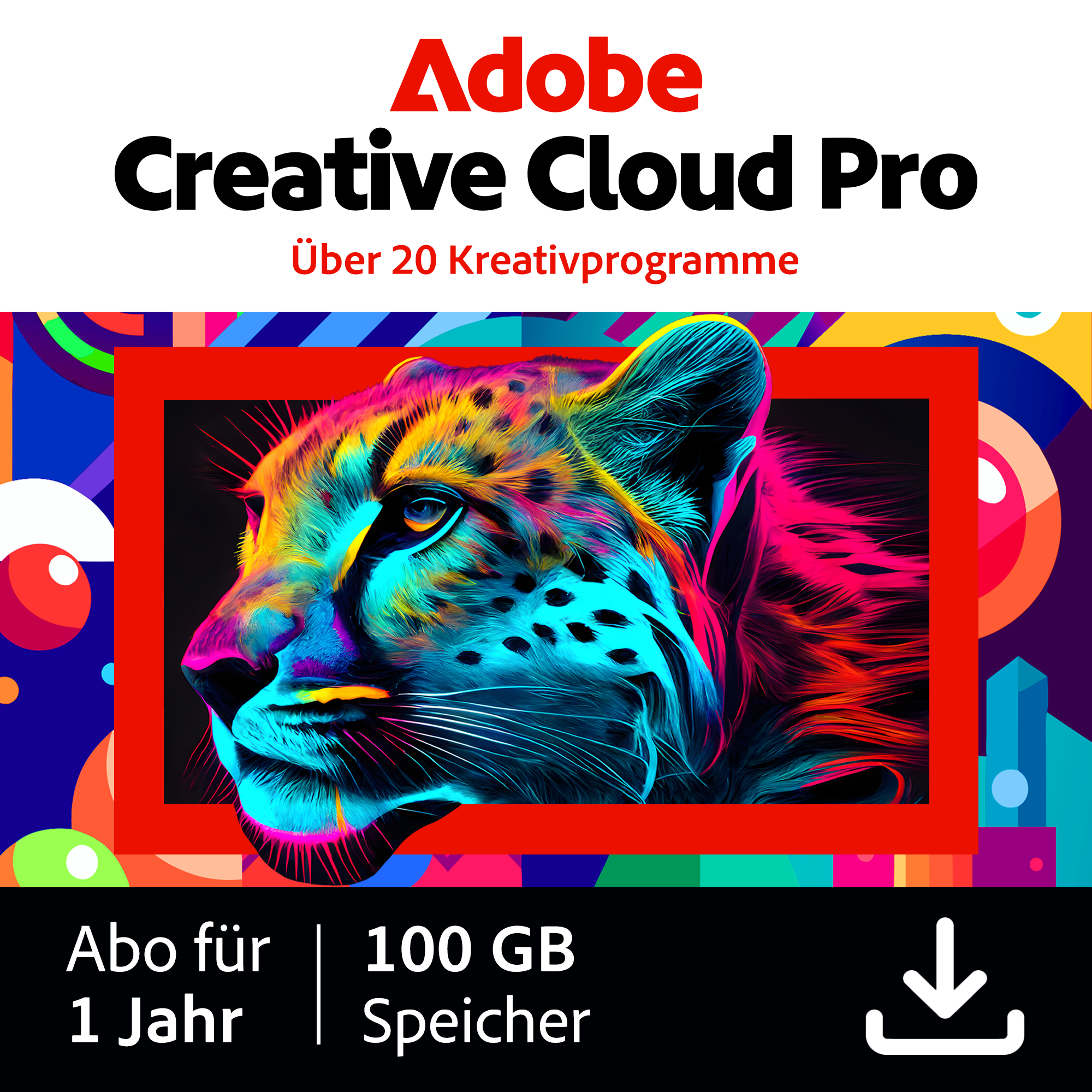 Adobe Creative Cloud Pro mit Leopardenmotiv und Angeboten.