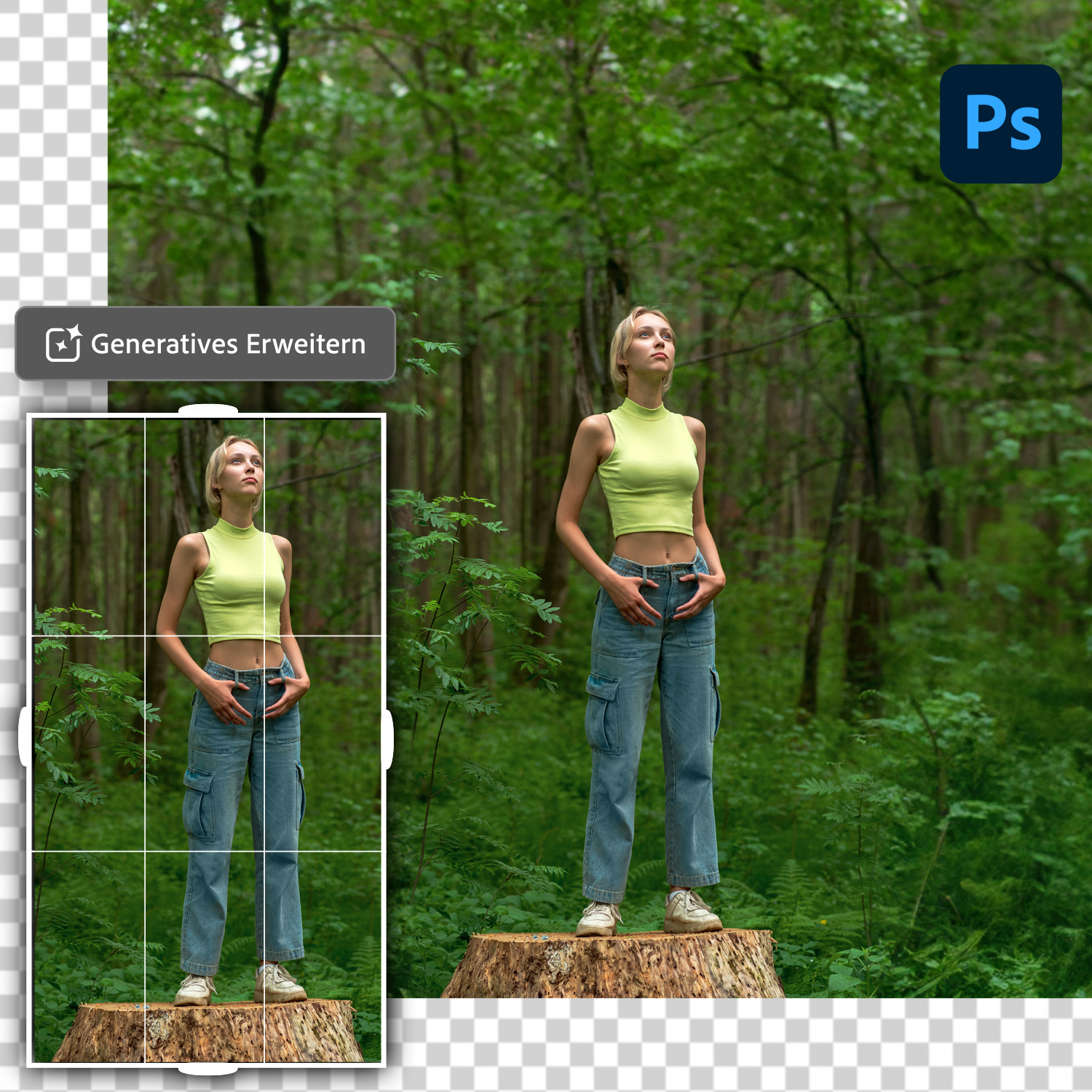 Eine Frau steht auf einem Baumstumpf in einem Wald mit üppiger Vegetation.