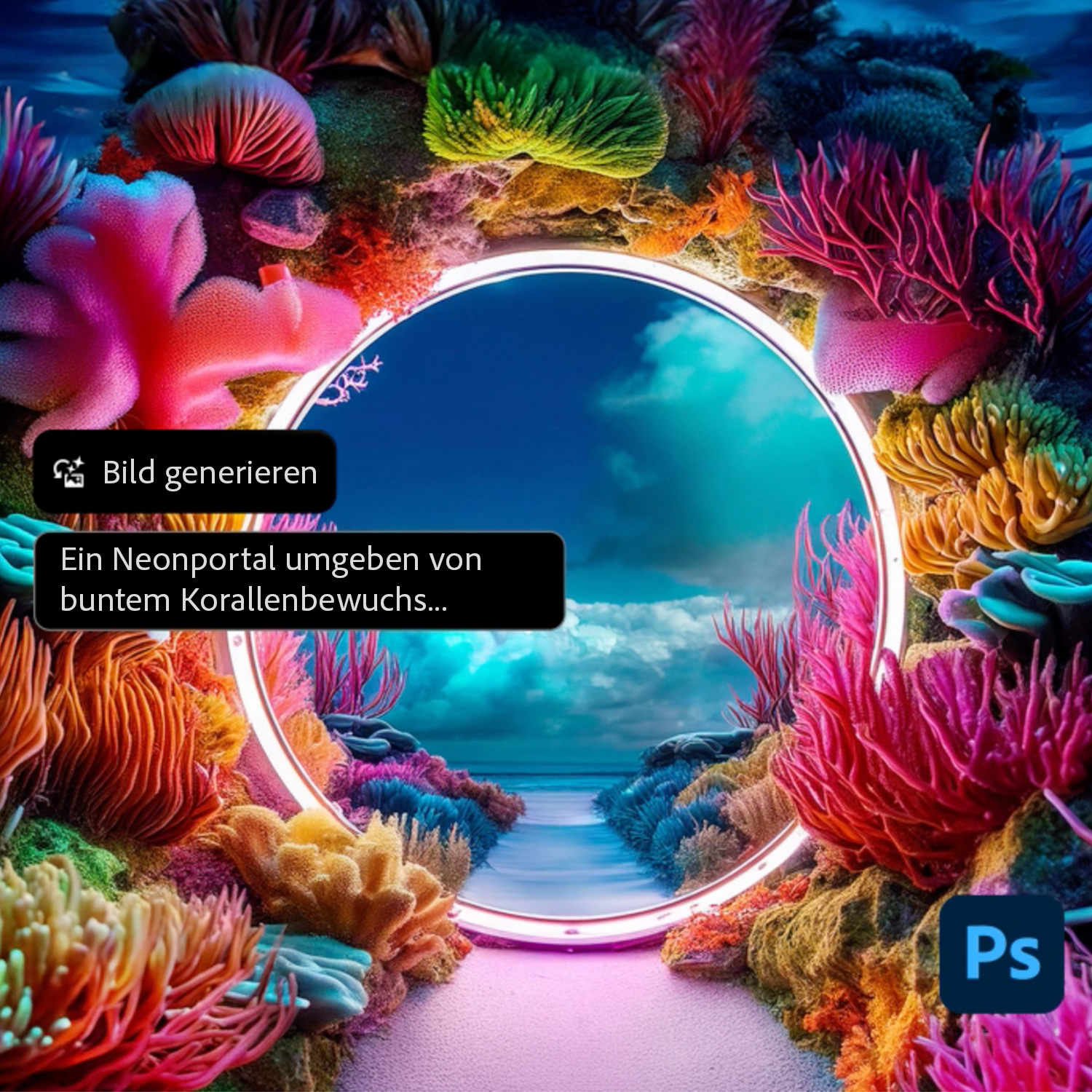 Ein Neonring-Portal, umgeben von lebhaften, bunten Korallenriffen und Unterwasserflora.