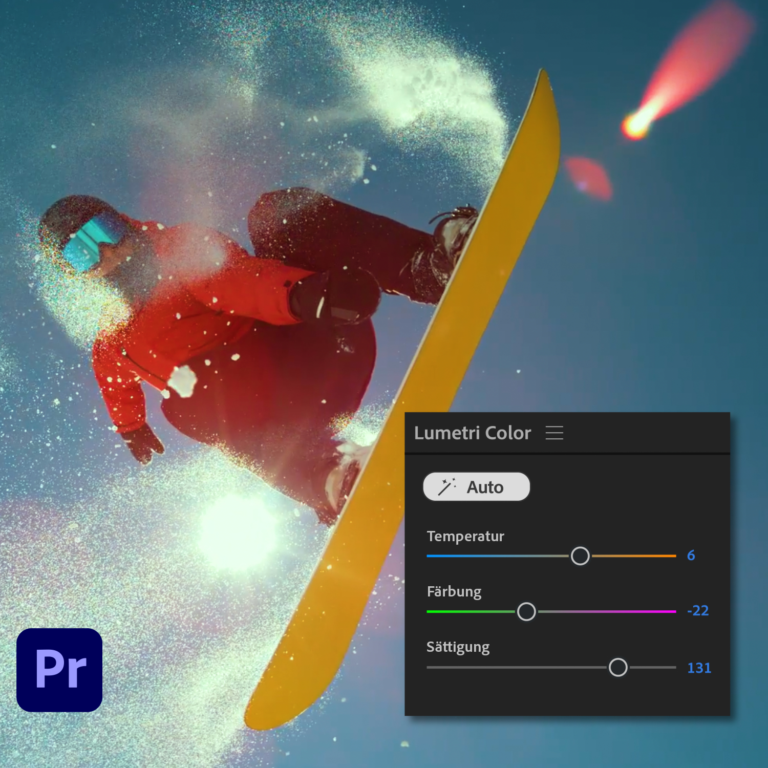 Snowboarder springt mit gelbem Board, Schnee spritzt, Bedienfeld mit Reglern.