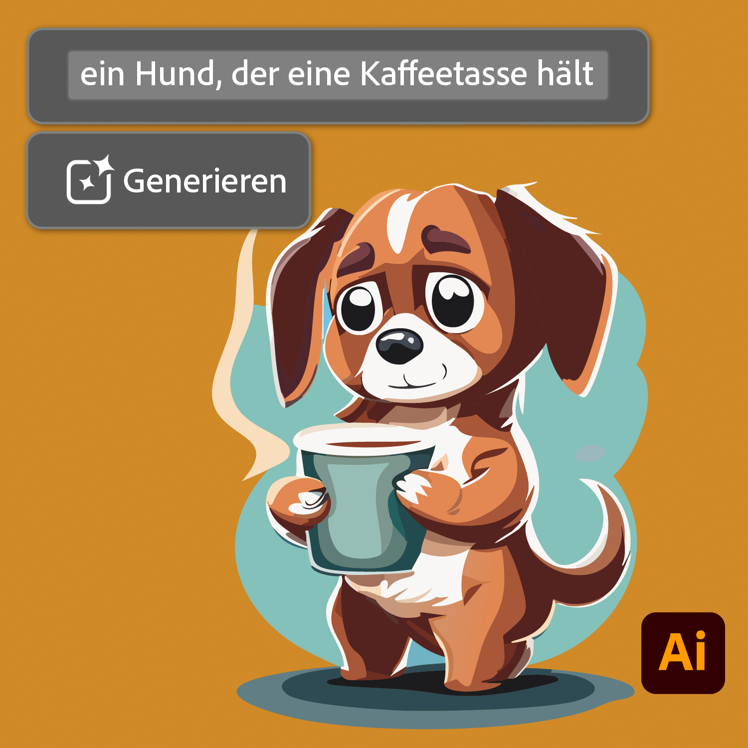 Ein brauner Hund mit großen Augen hält eine blaue Tasse Kaffee.