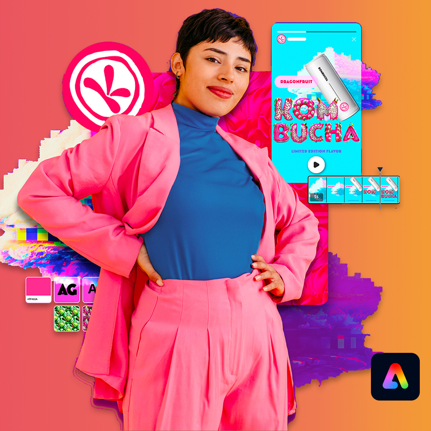 Frau im pinken Anzug posiert mit KOMBUCHA-Werbung und Adobe-Logo.