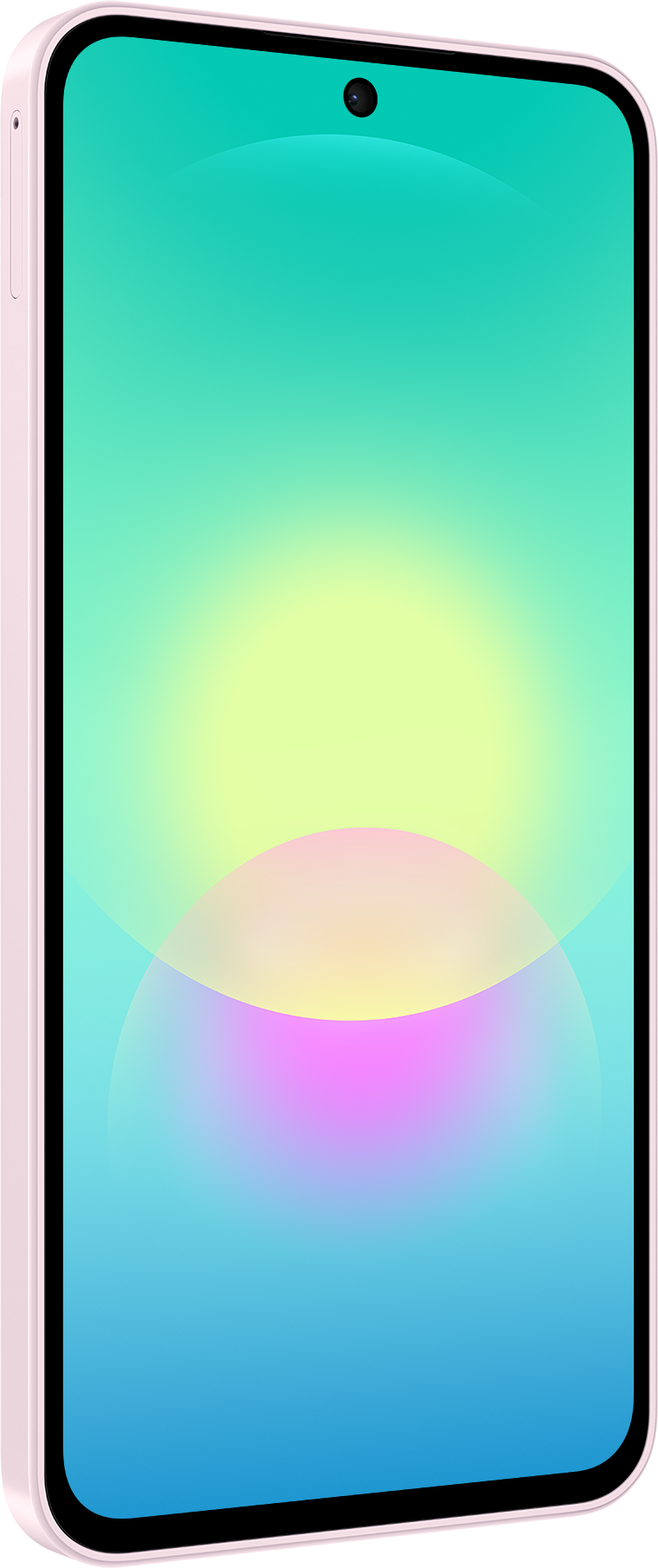 Ein rosa Smartphone mit einem abstrakten, bunten Hintergrund.