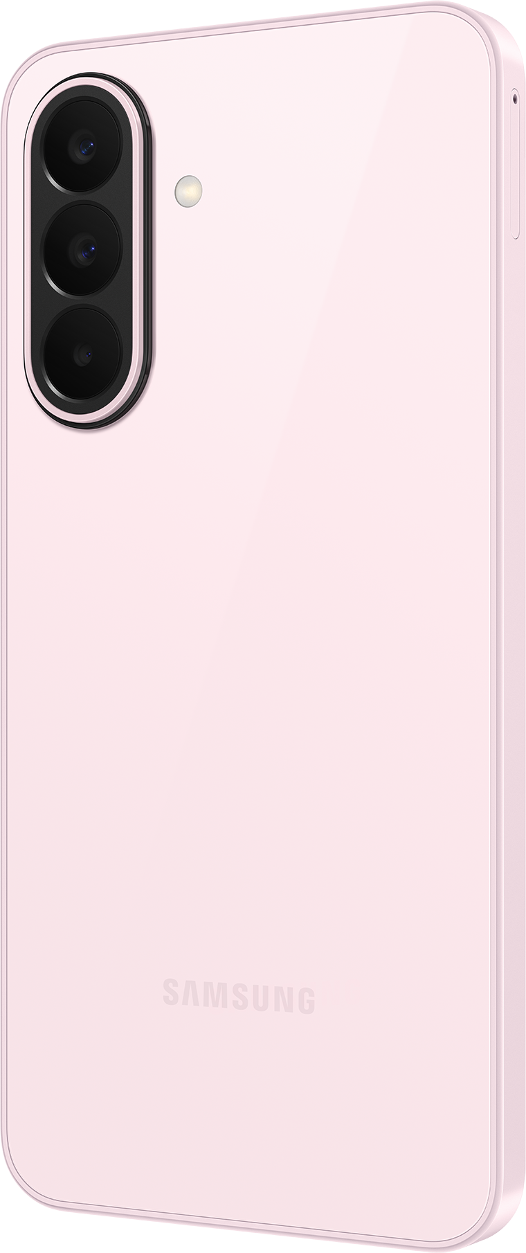 Rückseite eines rosa Smartphones mit drei Kameralinsen und Blitz.