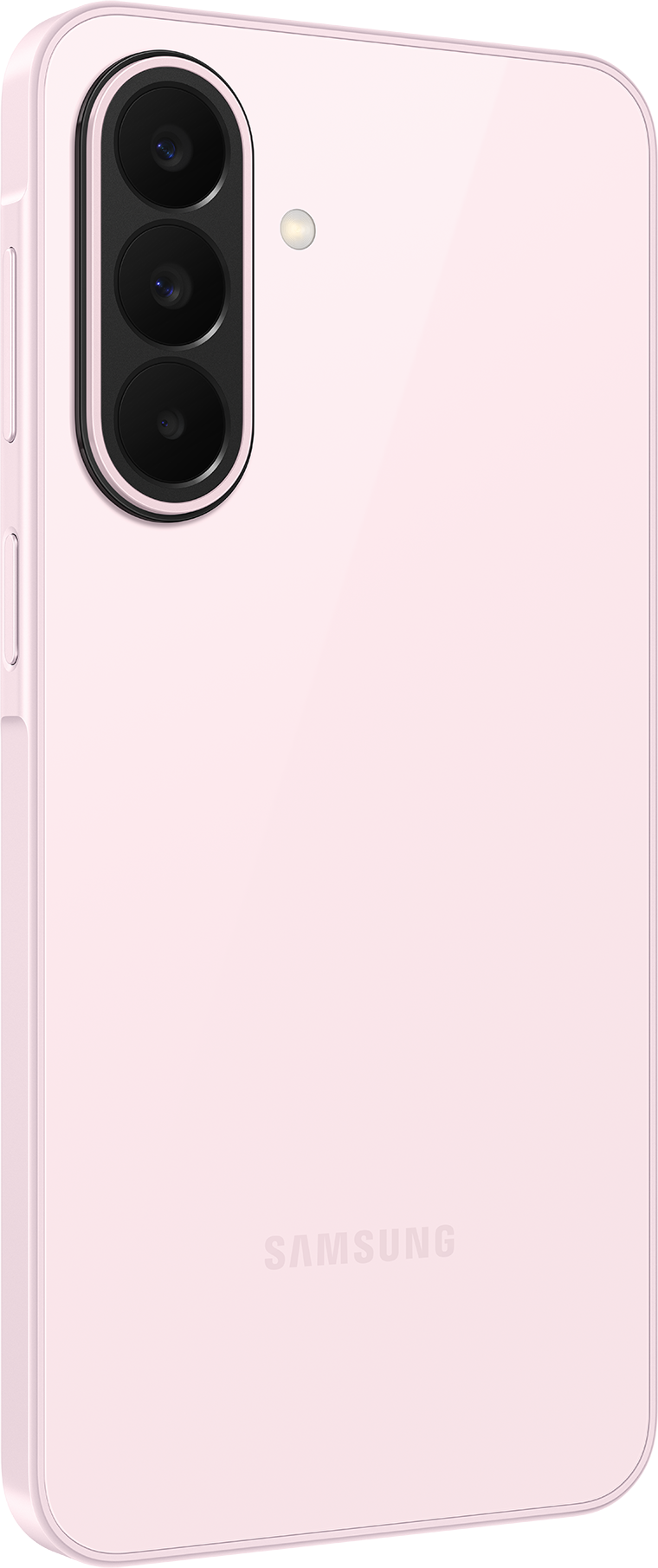 Ein rosafarbener Samsung Smartphone-Rücken mit drei Kameralinsen und Blitz.