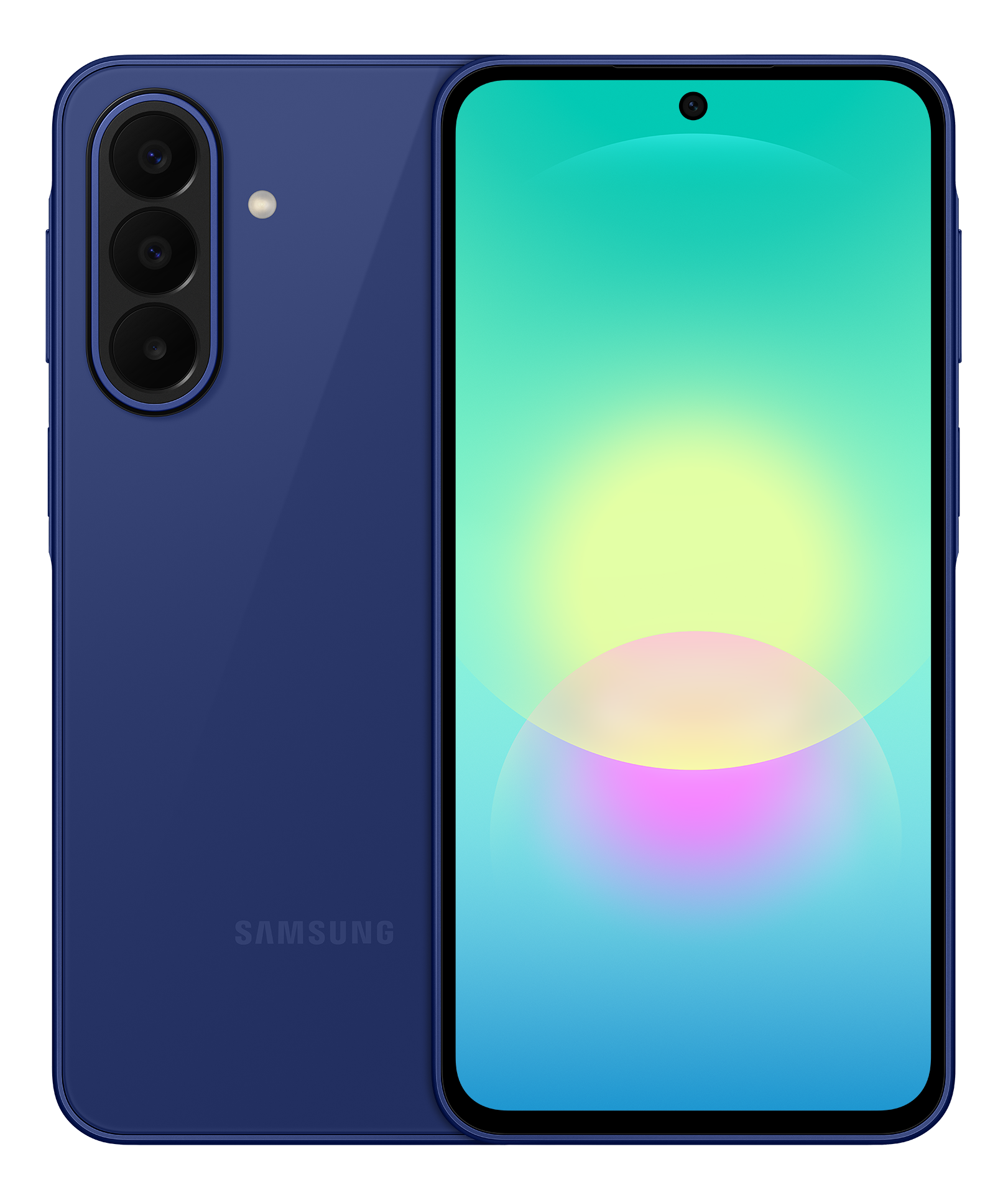 Ein blaues Smartphone mit drei Kameras auf der Rückseite und einem bunten Display.