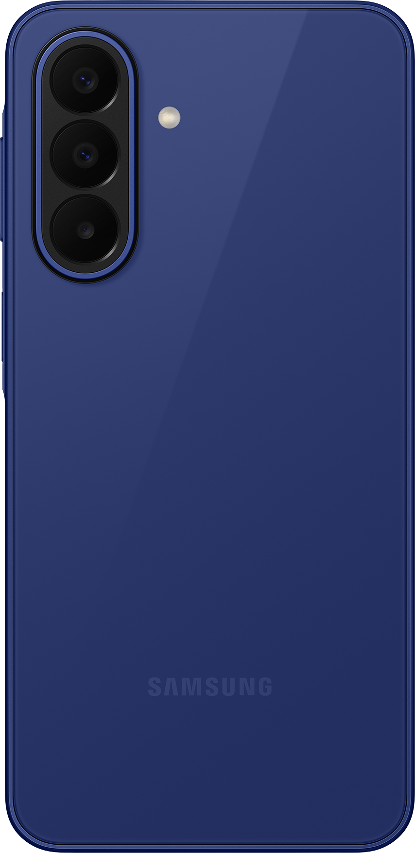 Rückseite eines dunkelblauen Samsung Smartphones mit drei Kameras und Blitz.
