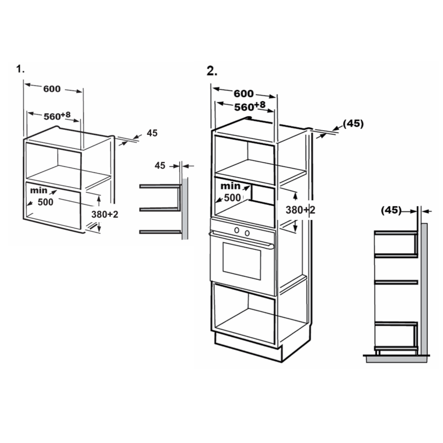 Dibujo técnico de un mueble empotrado con medidas y detalles.