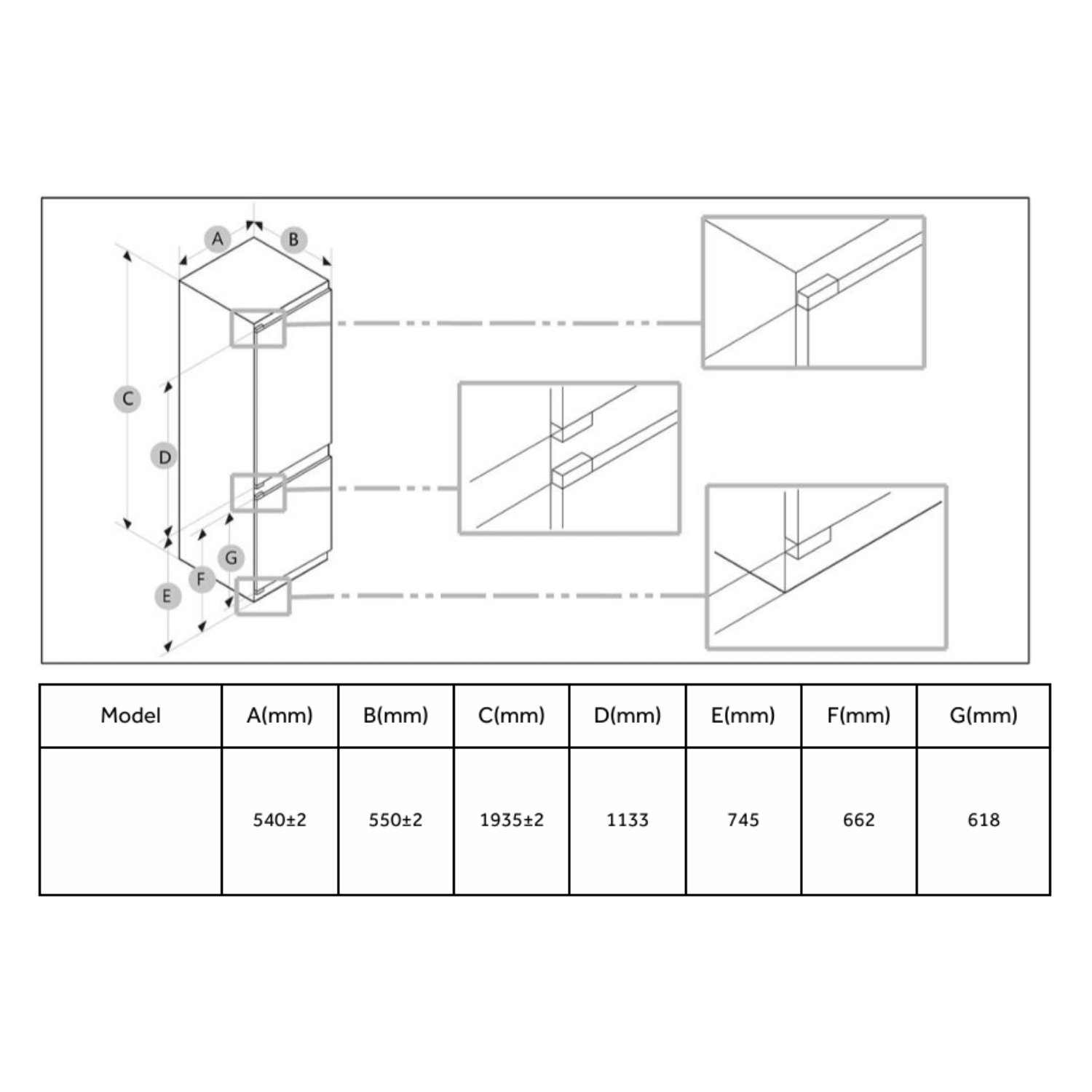 Dibujo técnico de un armario con dimensiones y vistas detalladas.