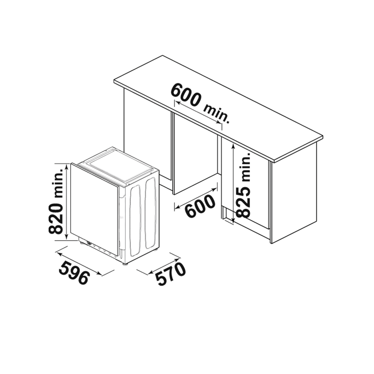Dibujo técnico de un lavavajillas junto a un mueble con medidas.