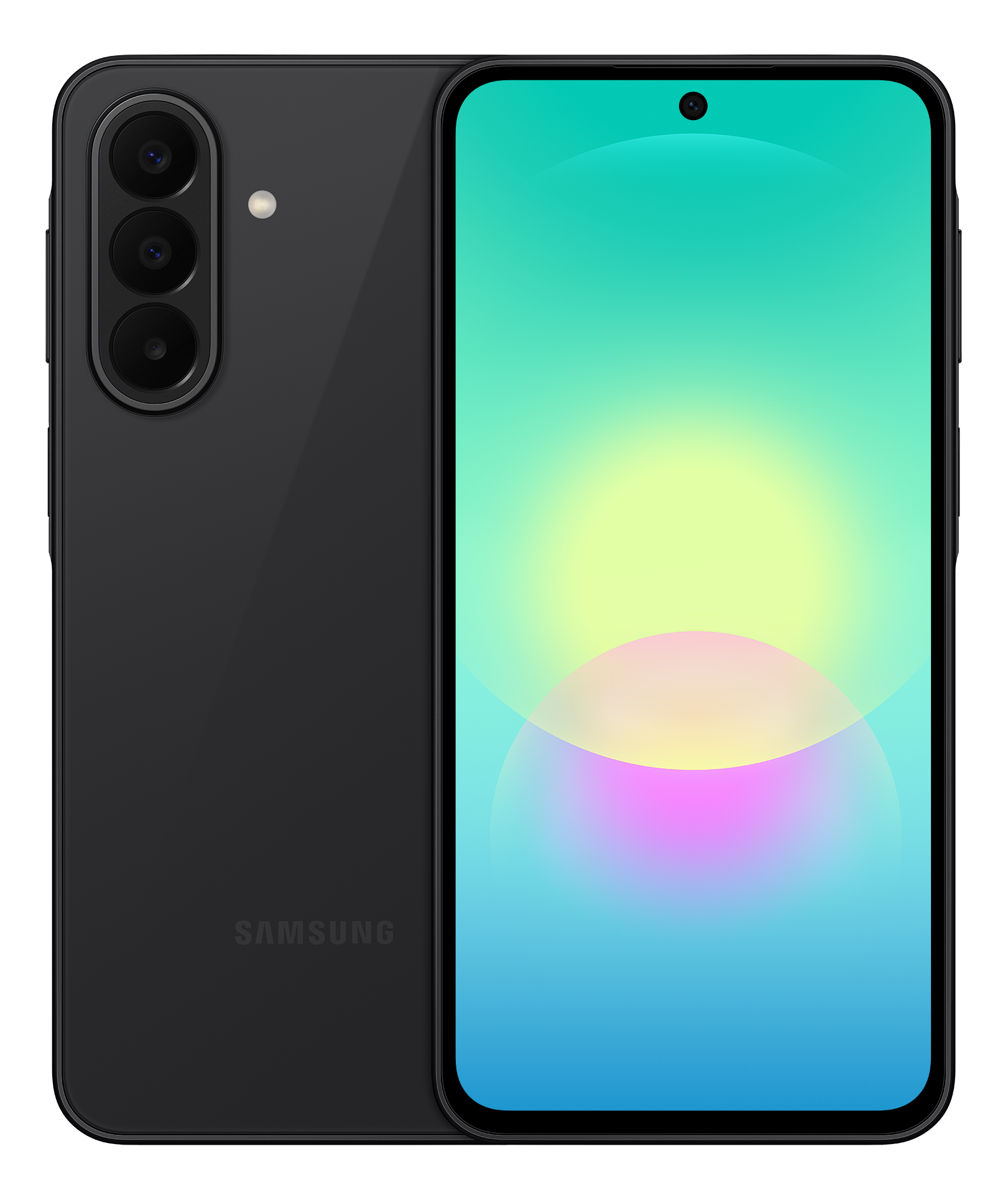 Schwarzes Smartphone mit drei Kameras auf der Rückseite und einem bunten Hintergrundbild.