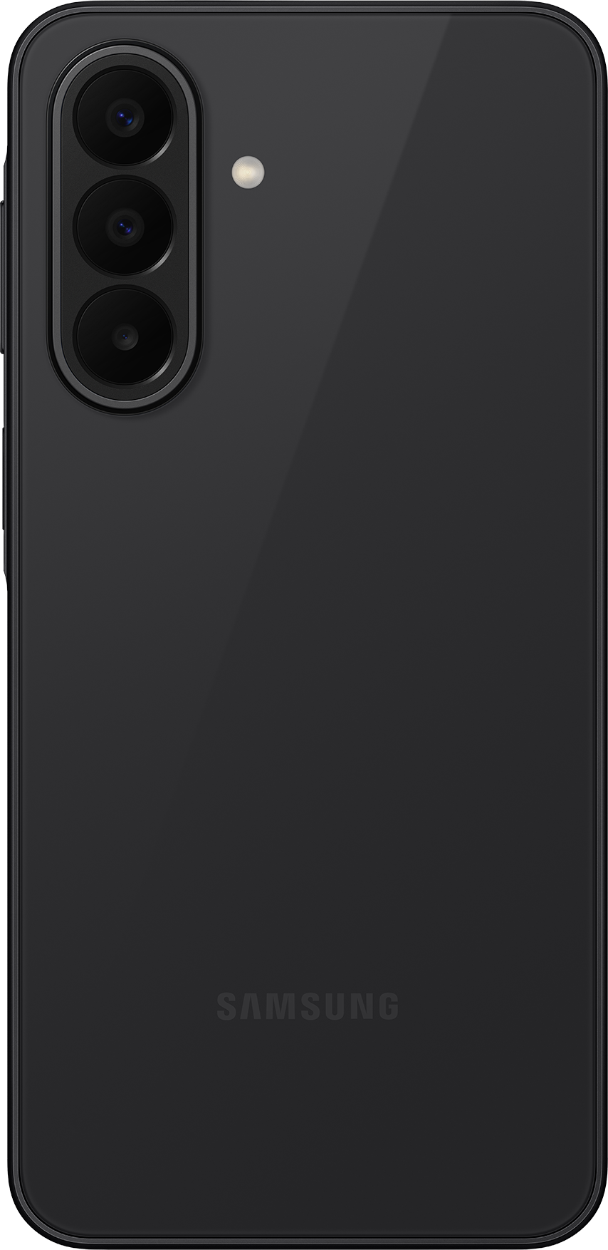 Schwarzes Samsung Smartphone mit drei Kameras und Blitz auf der Rückseite.