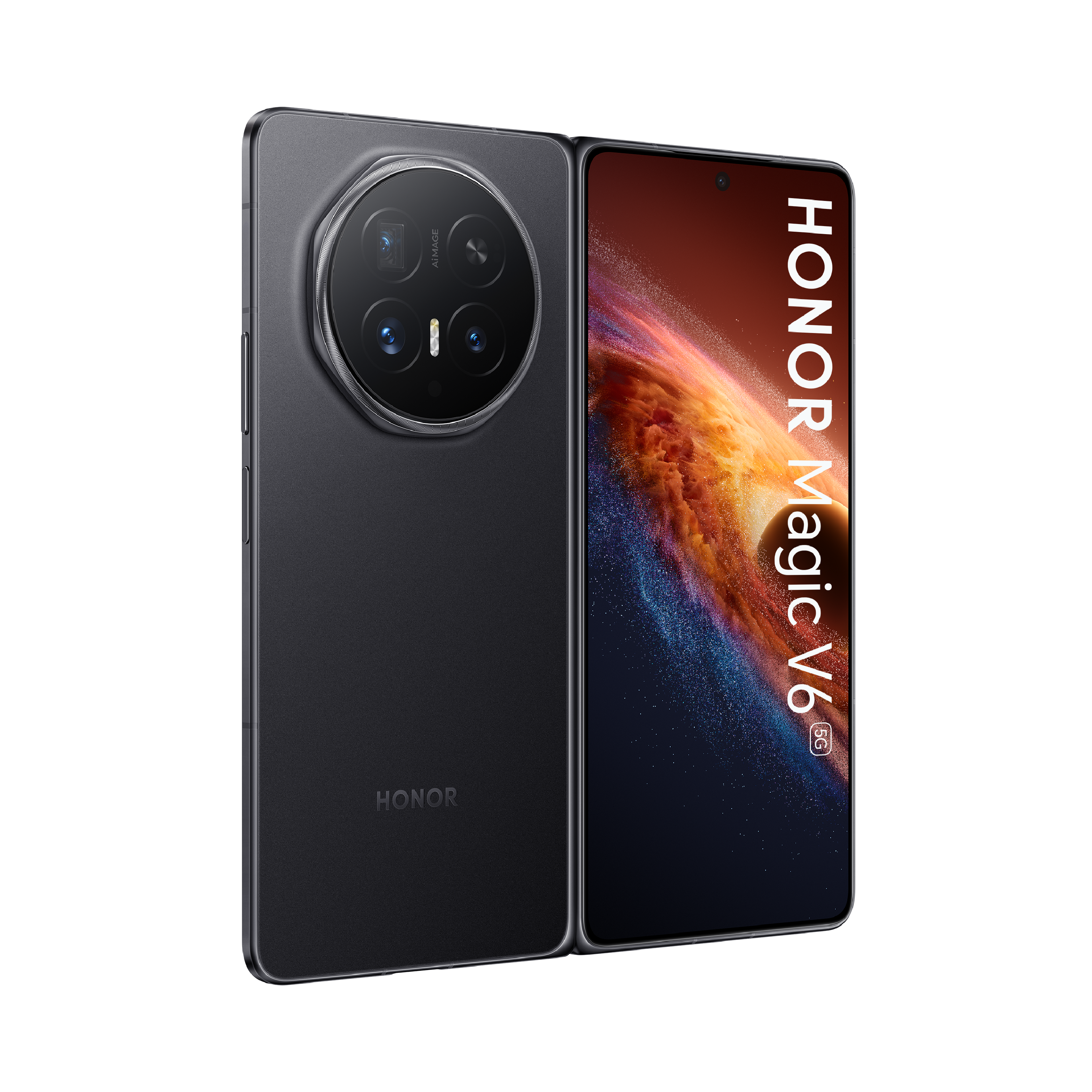 Ein graues HONOR Magic V6 5G Smartphone mit großem Kameramodul und leuchtendem Display.