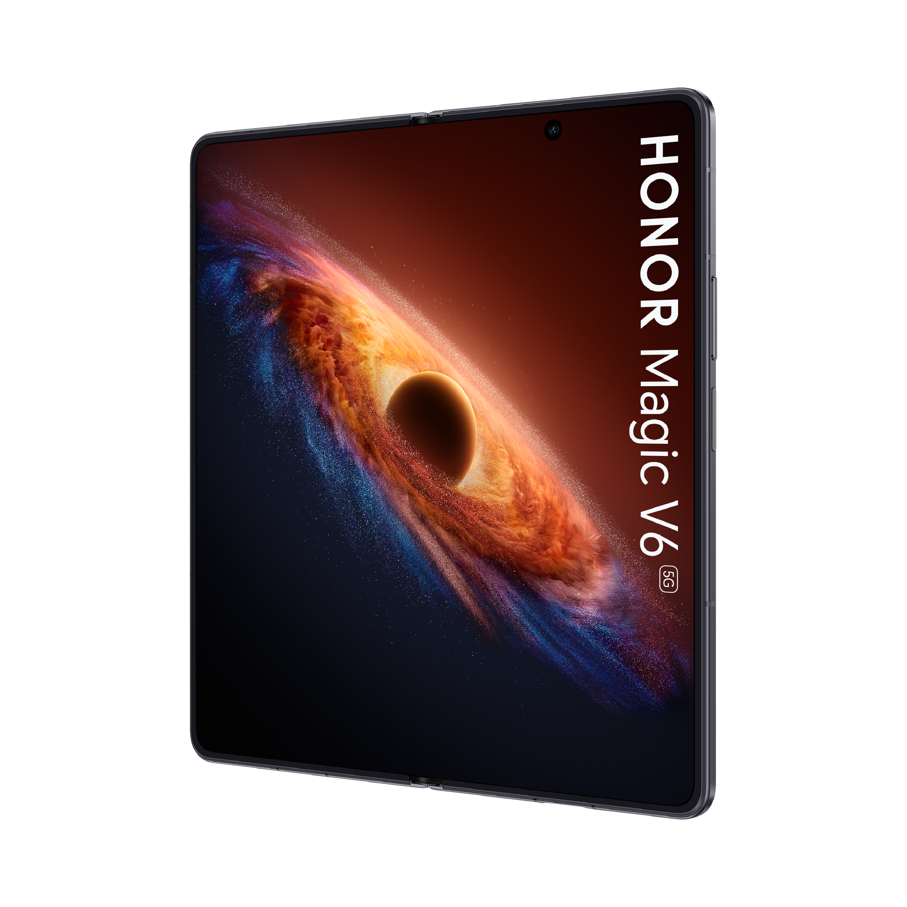 Ein HONOR Magic V6 5G Smartphone mit kosmischem Hintergrund auf dem Bildschirm.