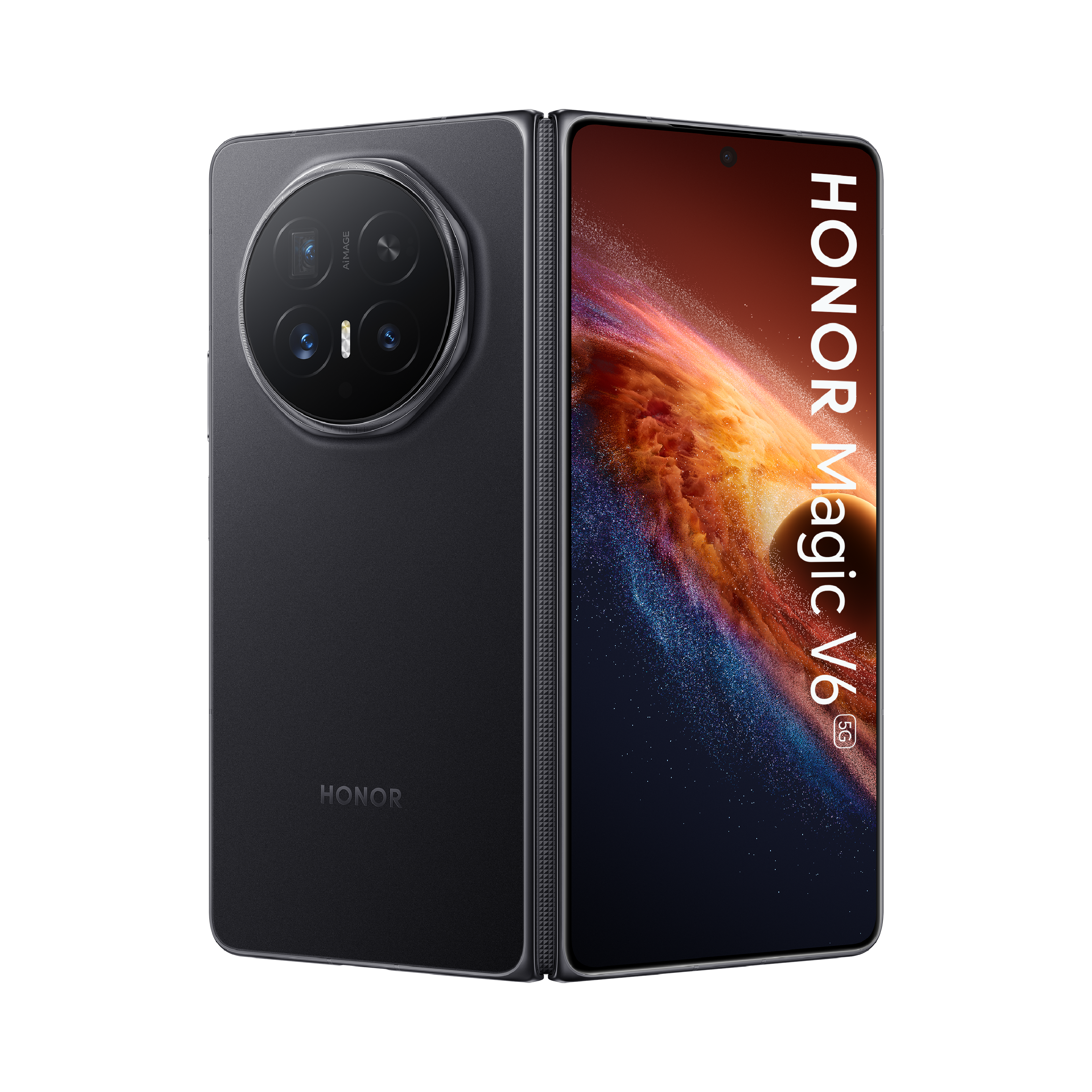 Ein schwarzes faltbares Honor Magic V6 5G-Smartphone mit Kameras auf der Rückseite.