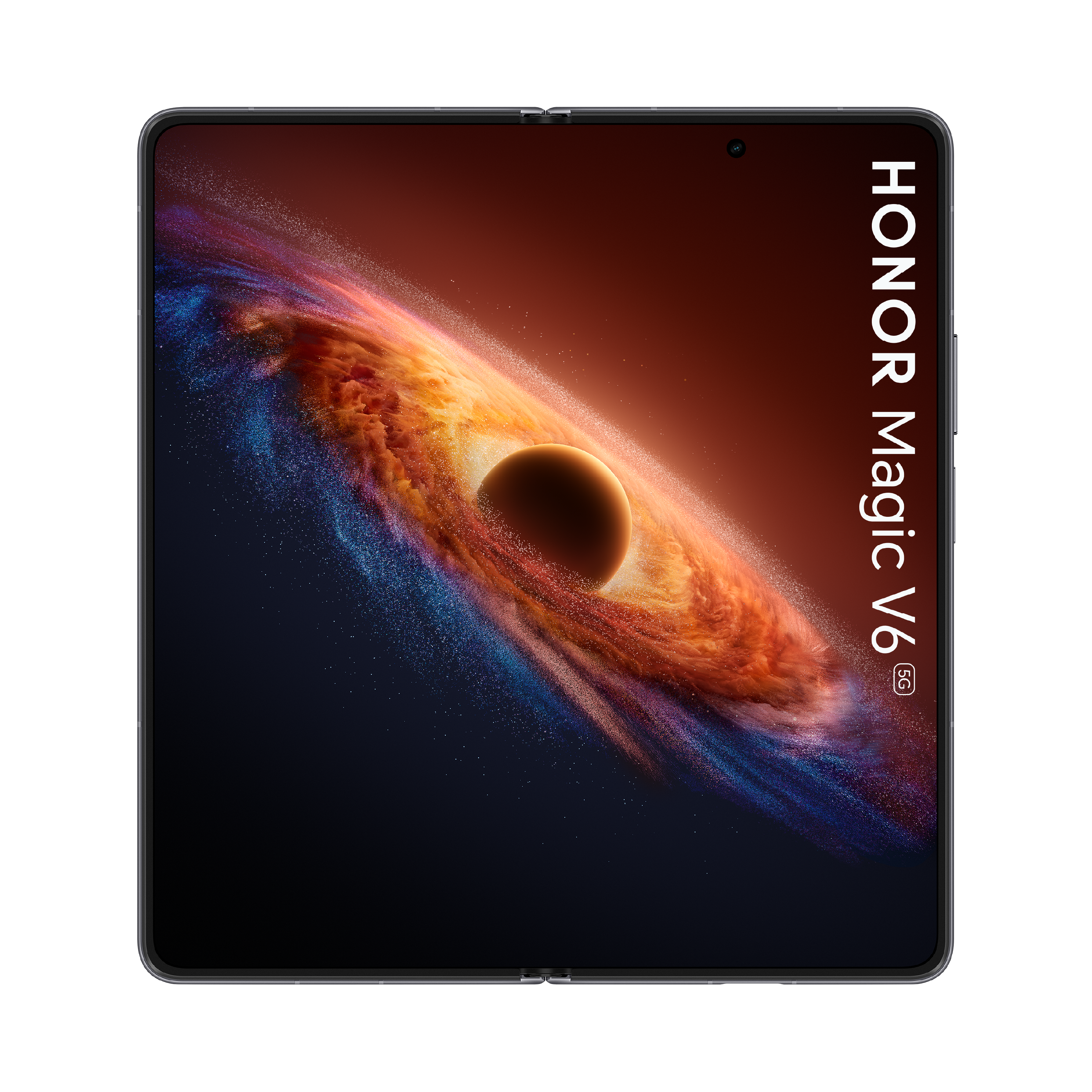 Geschlossenes Honor Magic V6 Smartphone mit Galaxie-Hintergrundbild und Text.