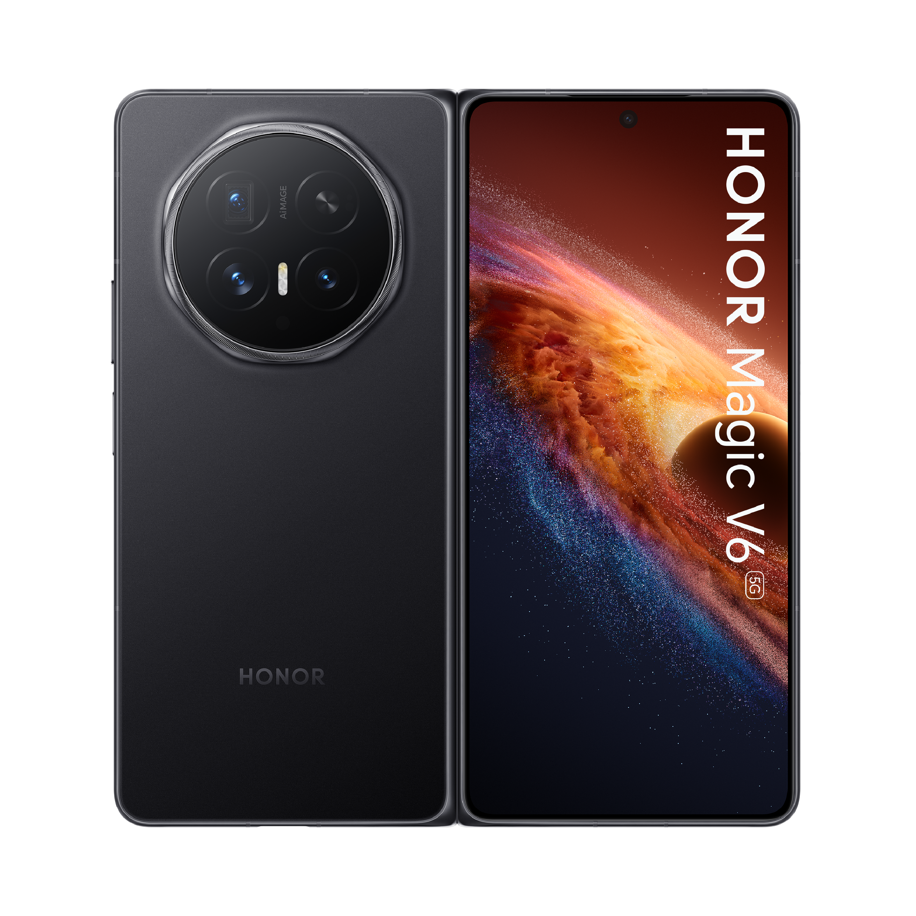 Ein geöffnetes faltbares Honor Magic V6 Smartphone mit schwarzem Gehäuse und Kameramodul.
