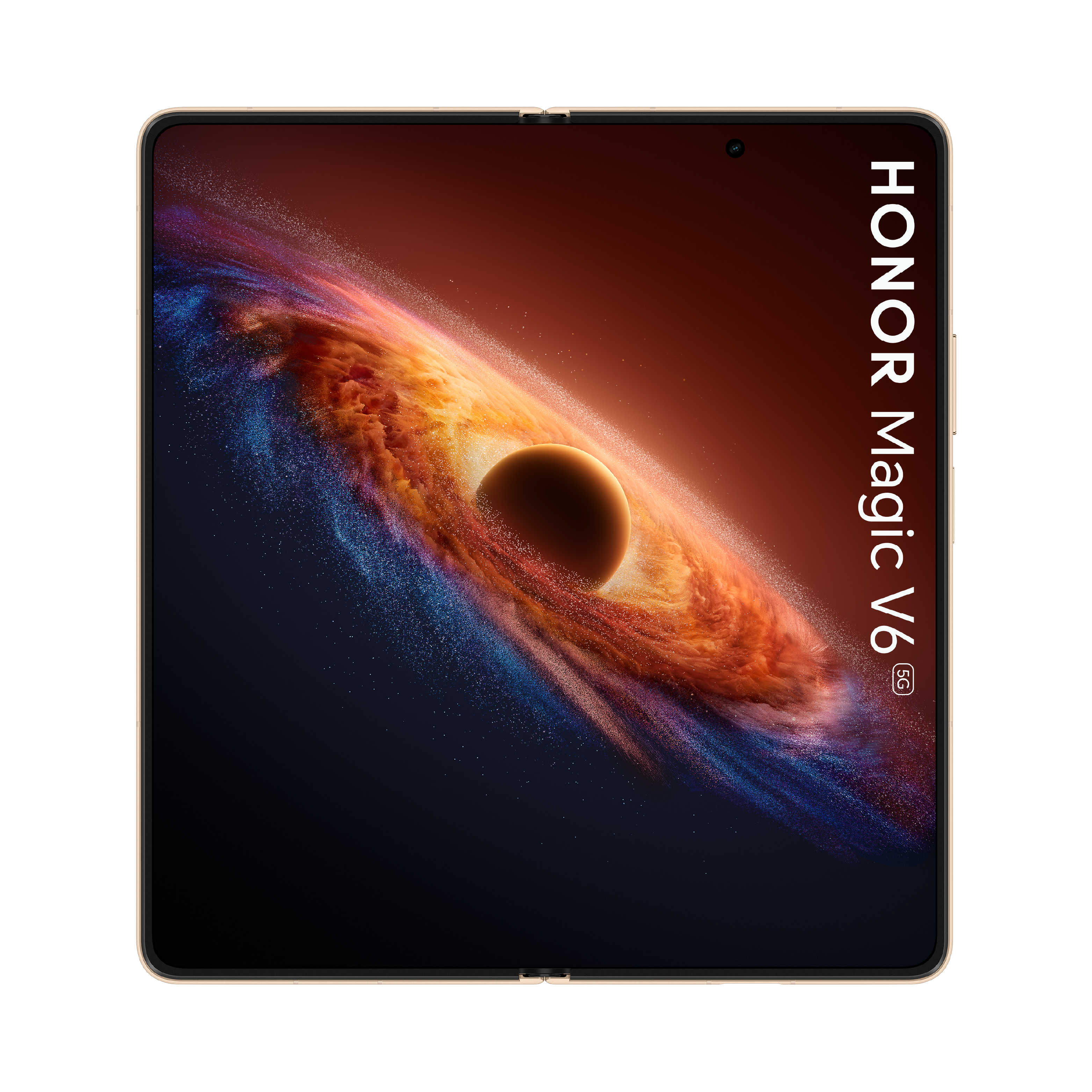 Ein goldfarbenes Falt-Smartphone mit kosmischem Hintergrundbild.