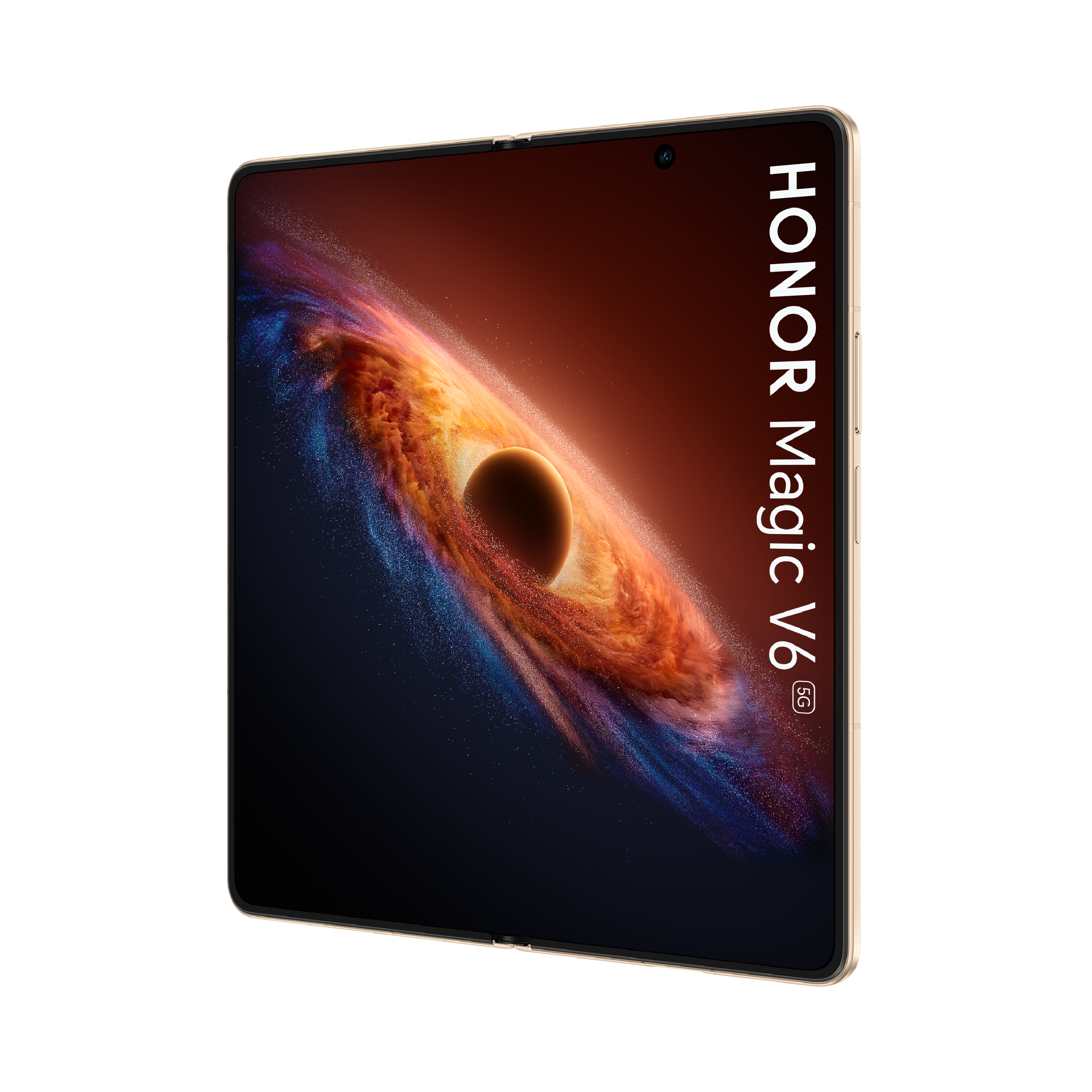 Ein goldfarbenes Honor Magic V6 5G Klapptelefon mit Weltraum-Hintergrund.