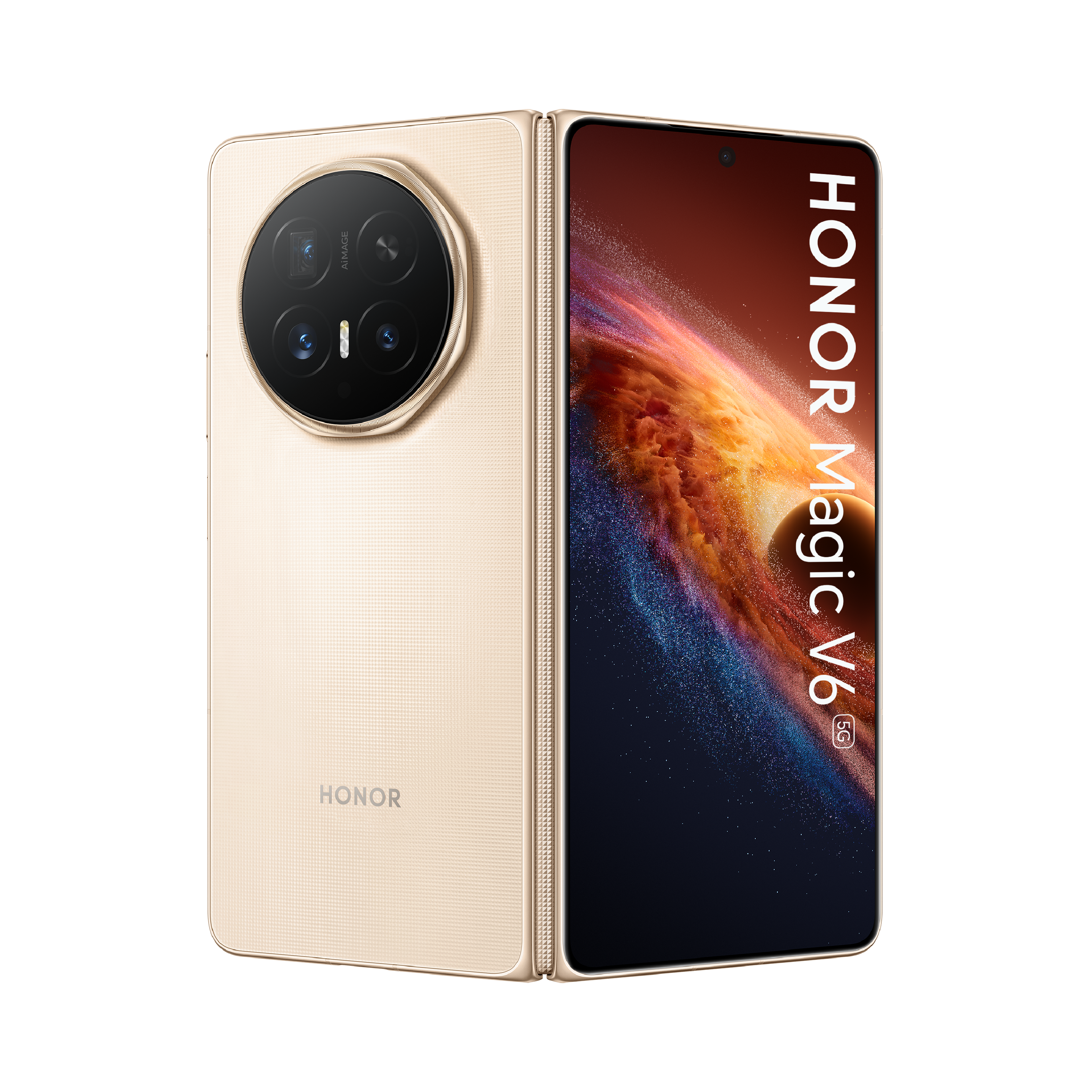 Ein goldfarbenes faltbares Smartphone mit Kameras auf der Rückseite und einem geöffneten Bildschirm.