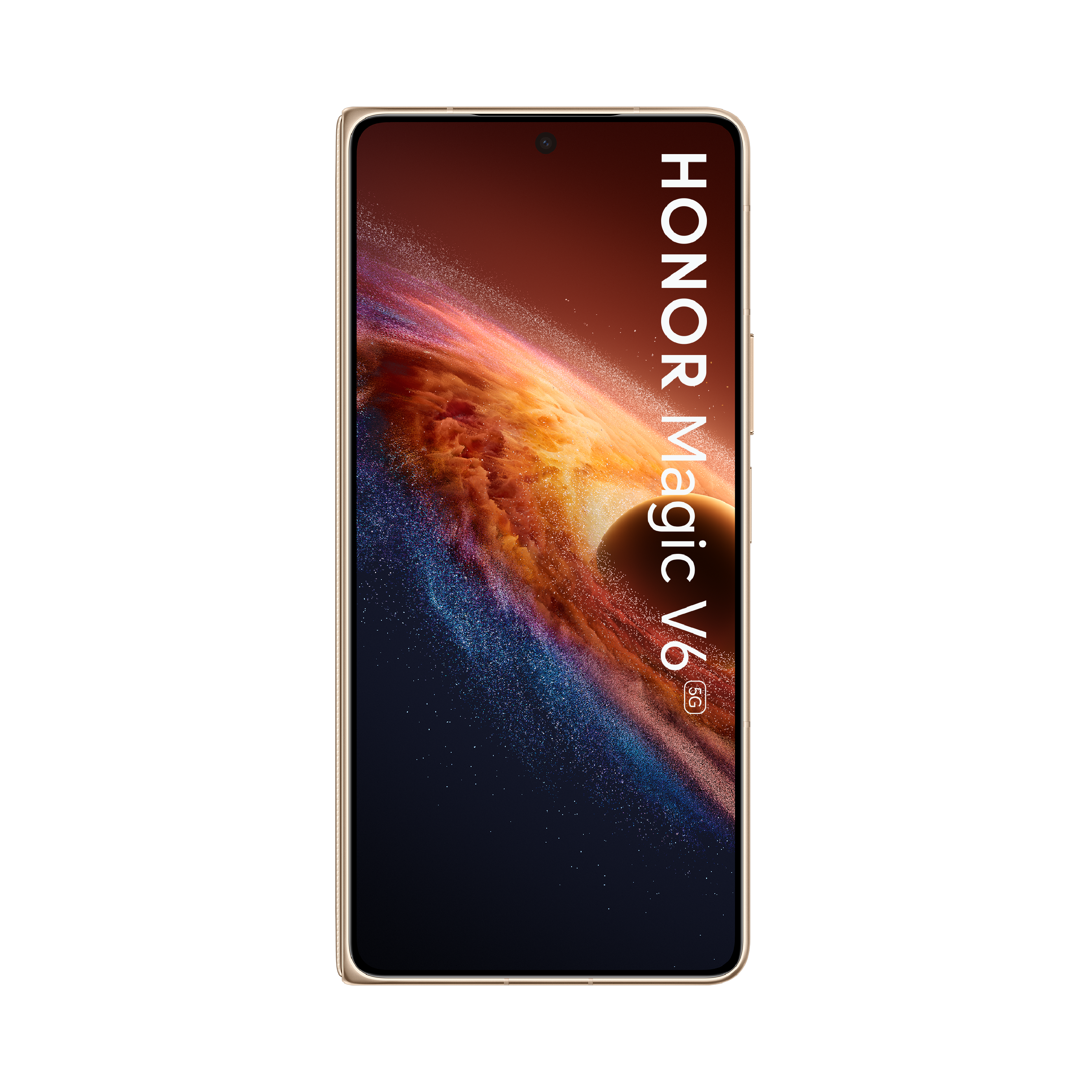 Ein HONOR Magic V6 5G Smartphone mit kosmischem Hintergrund auf dem Bildschirm.