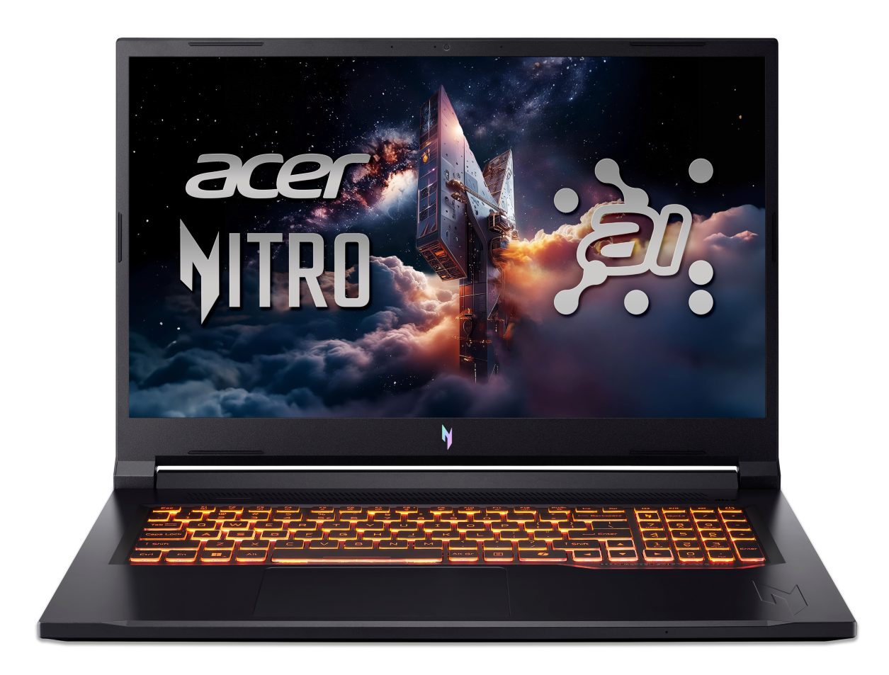Czarny laptop Acer Nitro z pomarańczową podświetlaną klawiaturą i tapetą o tematyce kosmicznej.