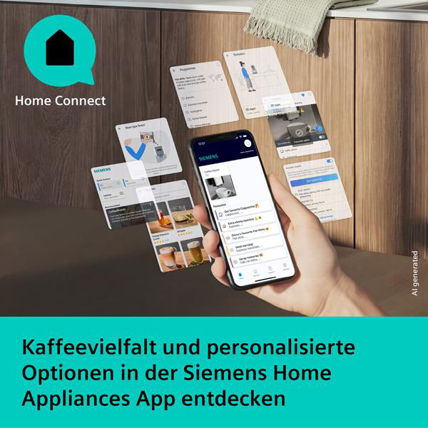 Ein Smartphone zeigt die Siemens Home Connect App mit Kaffeerezepten.