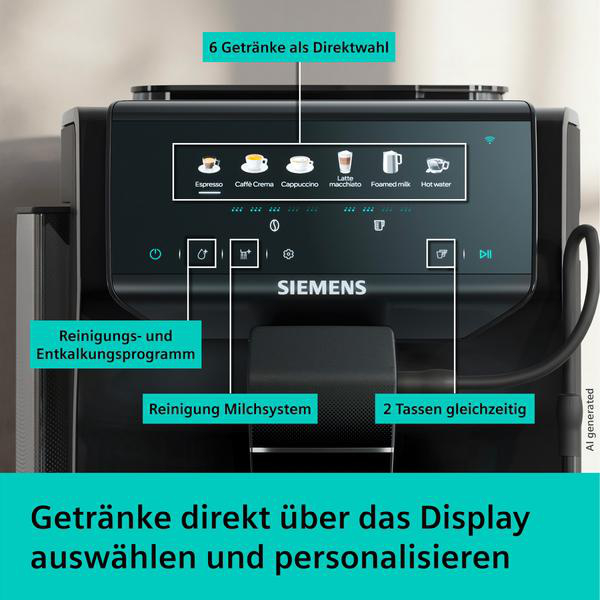 Siemens Kaffeevollautomat mit Touchscreen-Display, 6 Direktwahltasten und Reinigungsfunktionen.