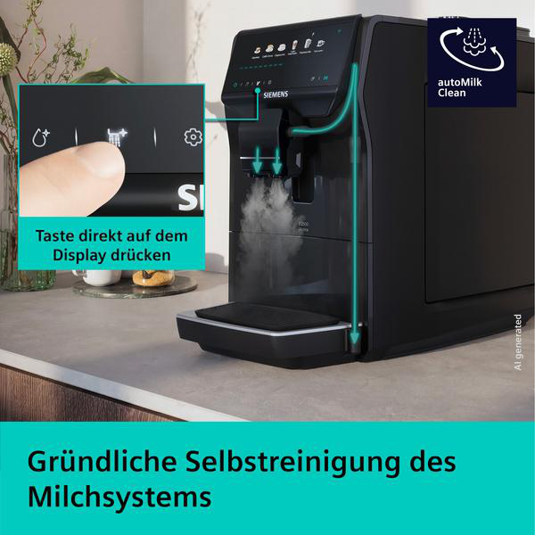 Eine schwarze Siemens Kaffeemaschine mit Dampf, die Milchsystem-Reinigung wird gezeigt.