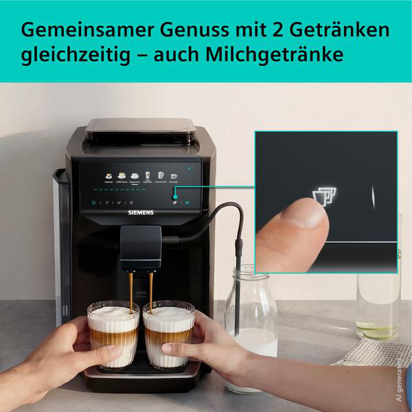 Kaffeevollautomat brüht zwei Kaffeegetränke gleichzeitig in Gläser.