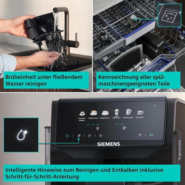 Kaffeemaschine mit Anleitungen zur Reinigung und Spülmaschineneignung.
