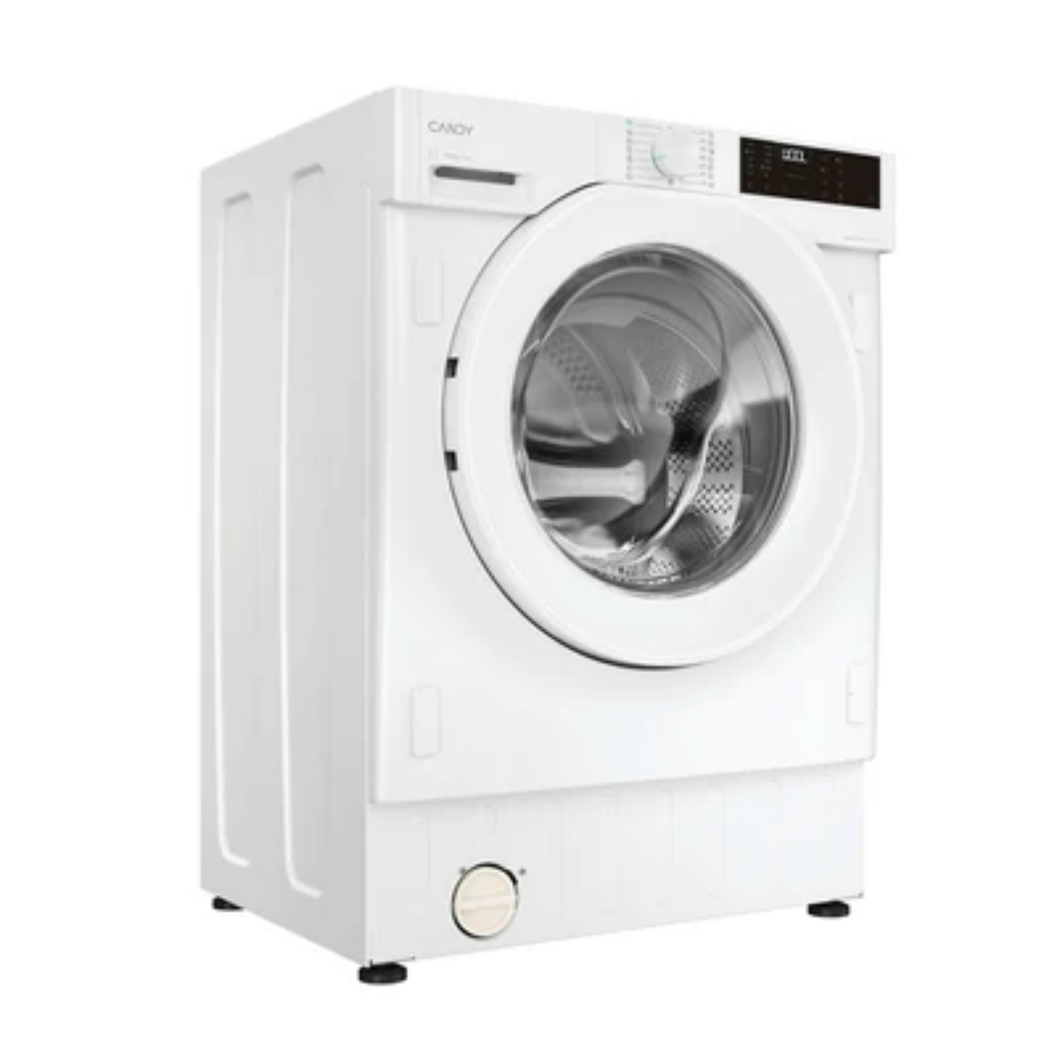 Una lavadora blanca Candy con puerta de carga frontal y pantalla digital.