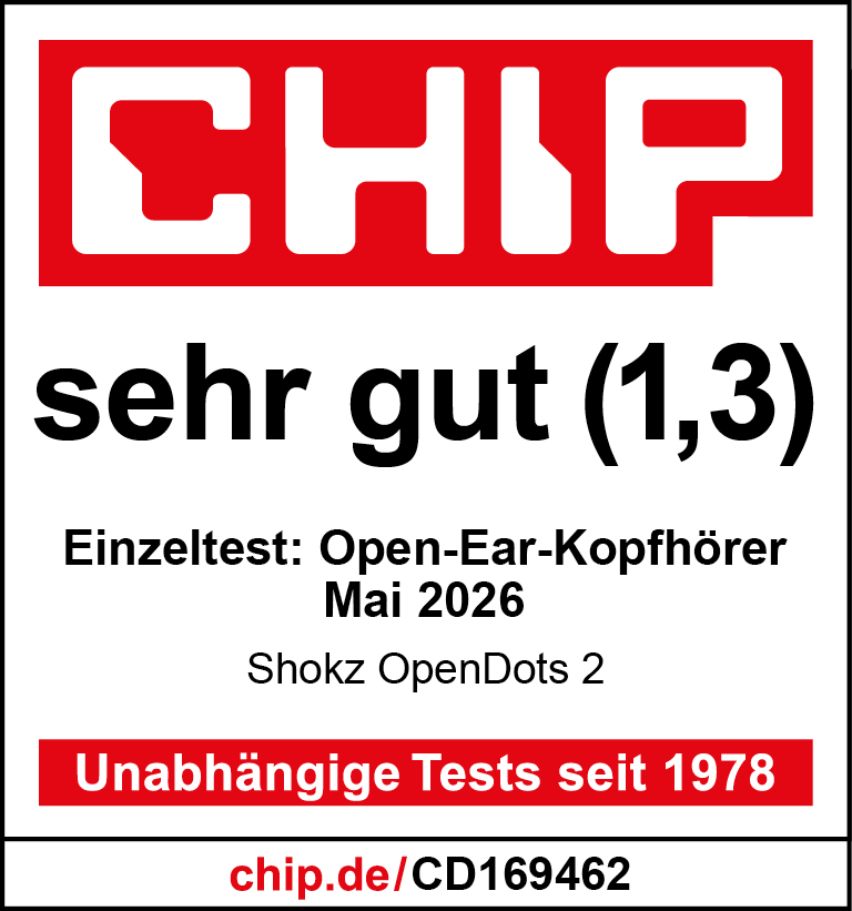 CHIP Logo, 'sehr gut (1,3)', Test von Open-Ear-Kopfhörern, Shokz OpenDots 2.