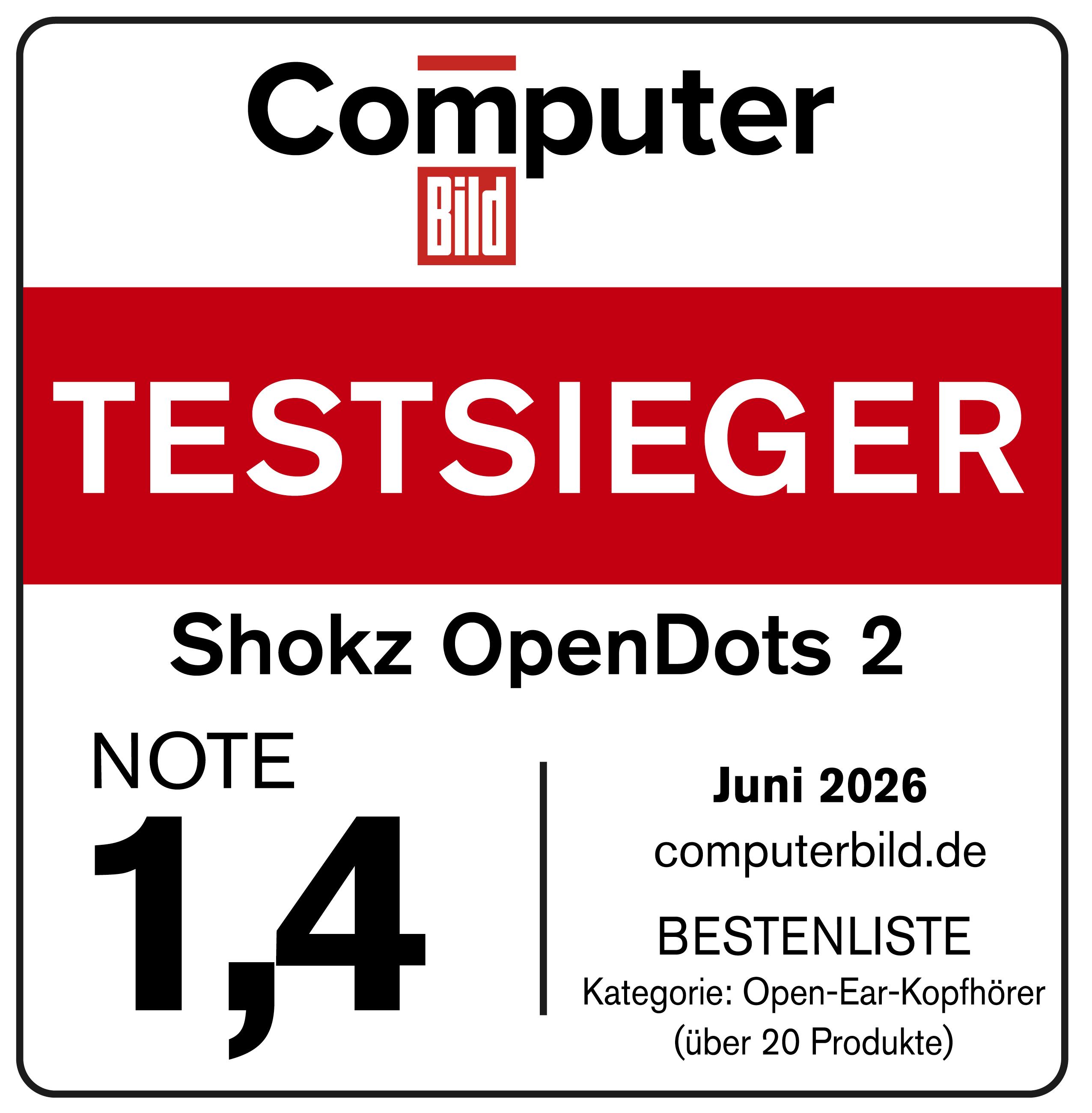 Computer Bild: Shokz OpenDots 2, Note 1,4, Testsieger Juni 2026.