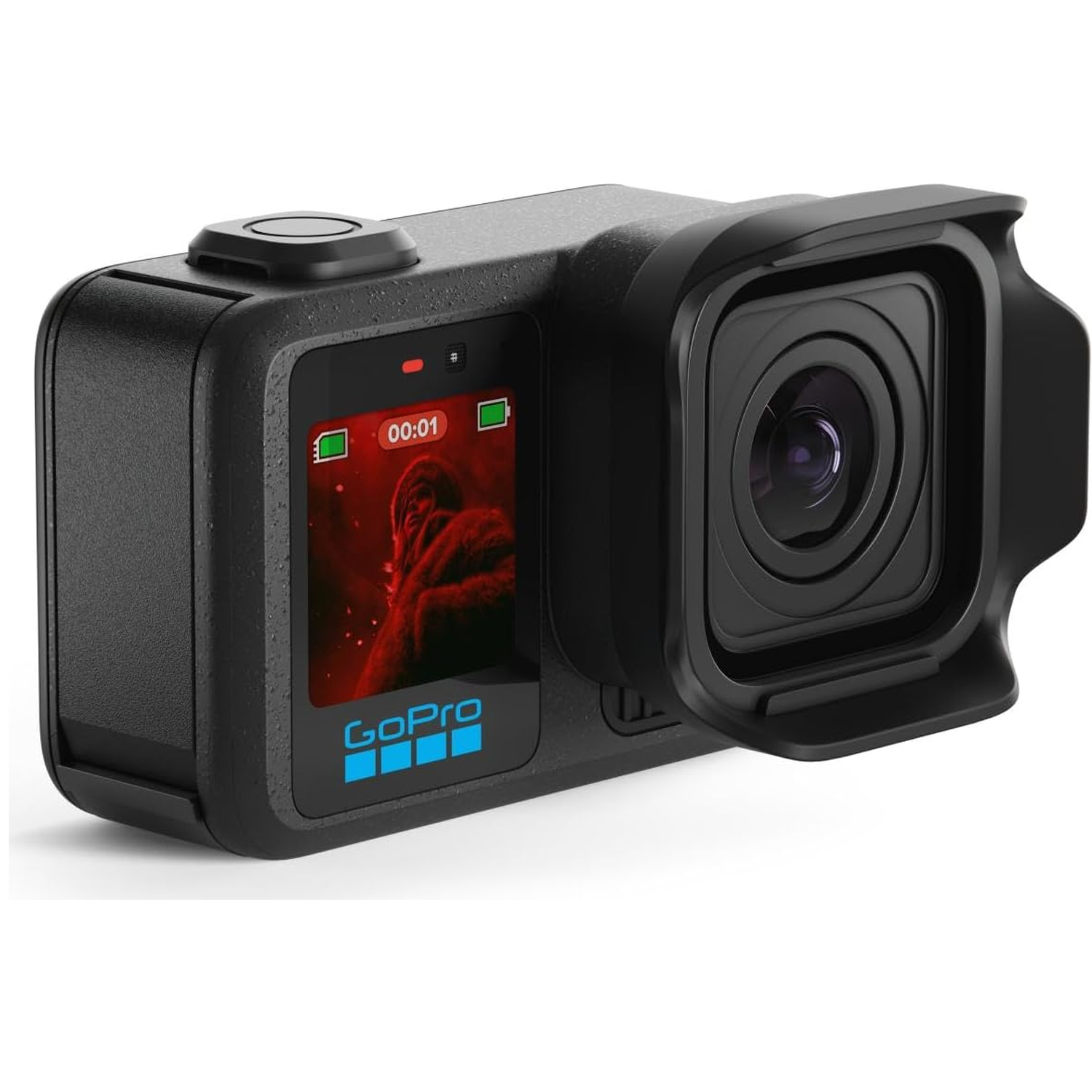 Black GoPro camera with lens cover and screen showing a recording. Includes timer.