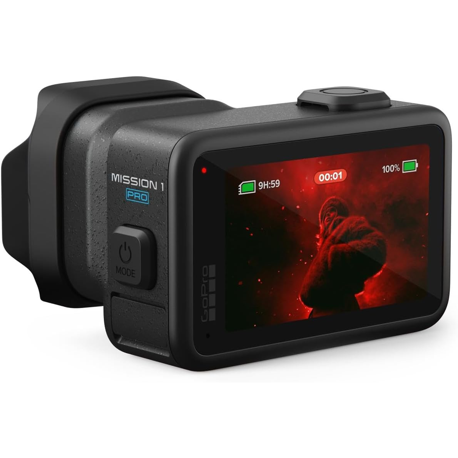 Black GoPro camera with a red screen showing a hooded person.