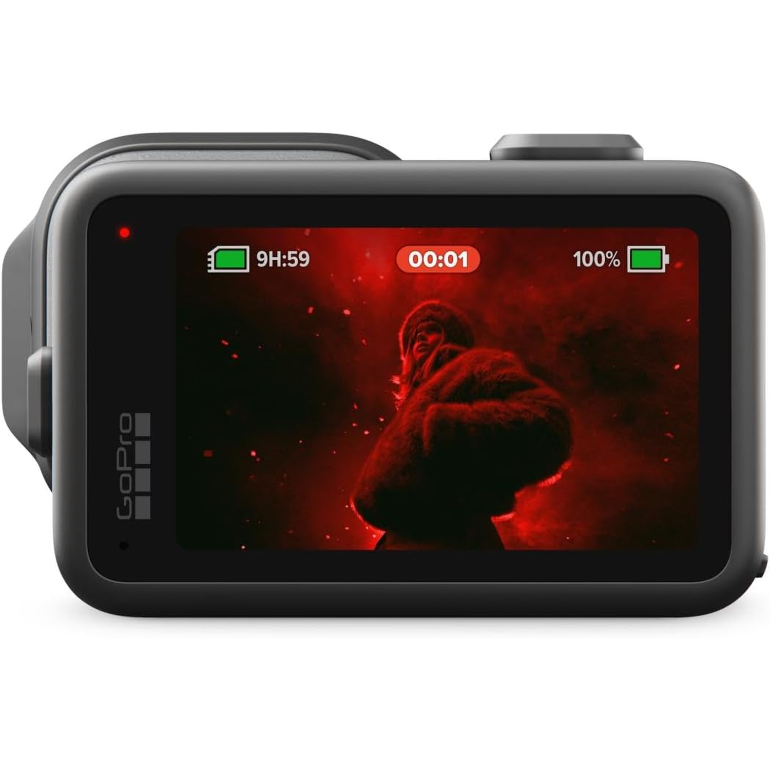 GoPro shows a person in front of red smoke. Battery 100%, 00:01.