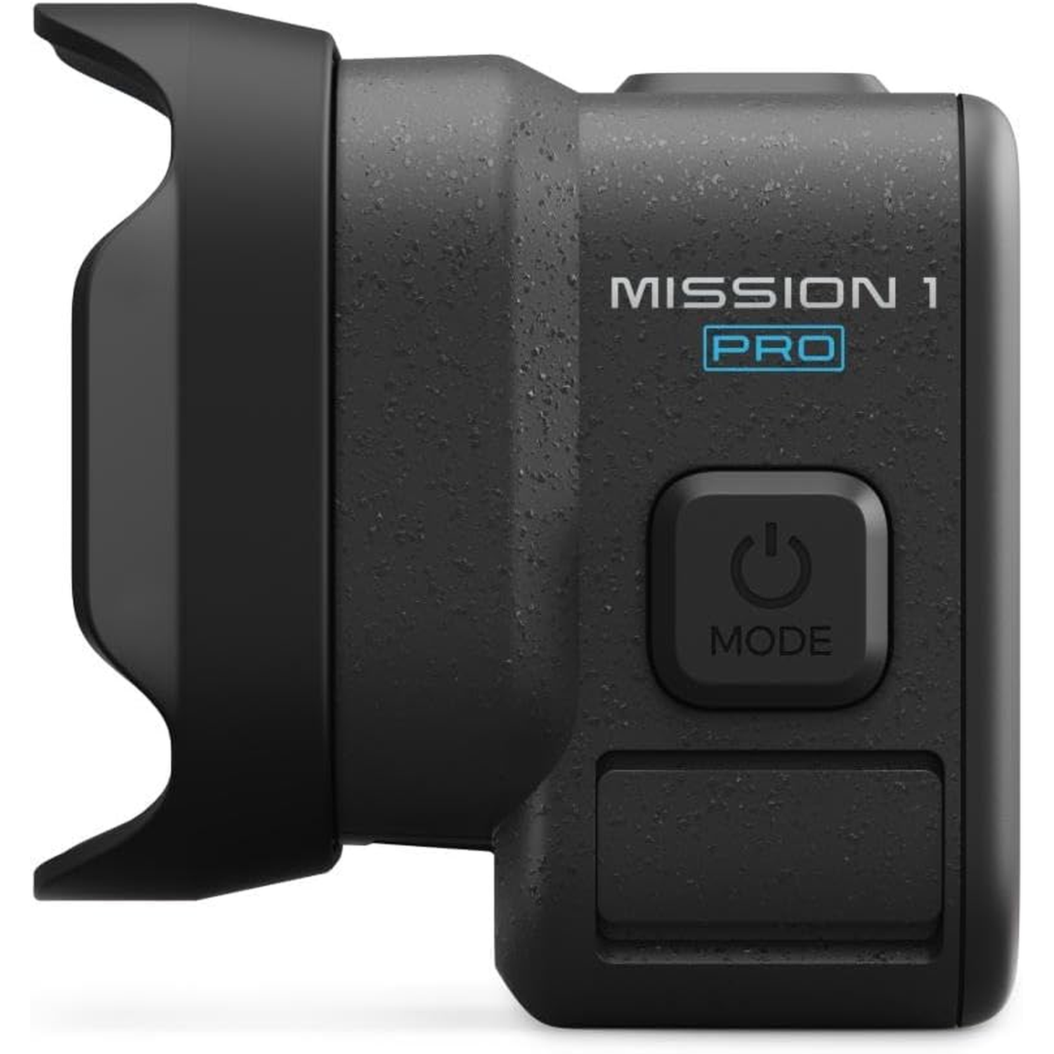 Black action camera with lens cover and mode button.